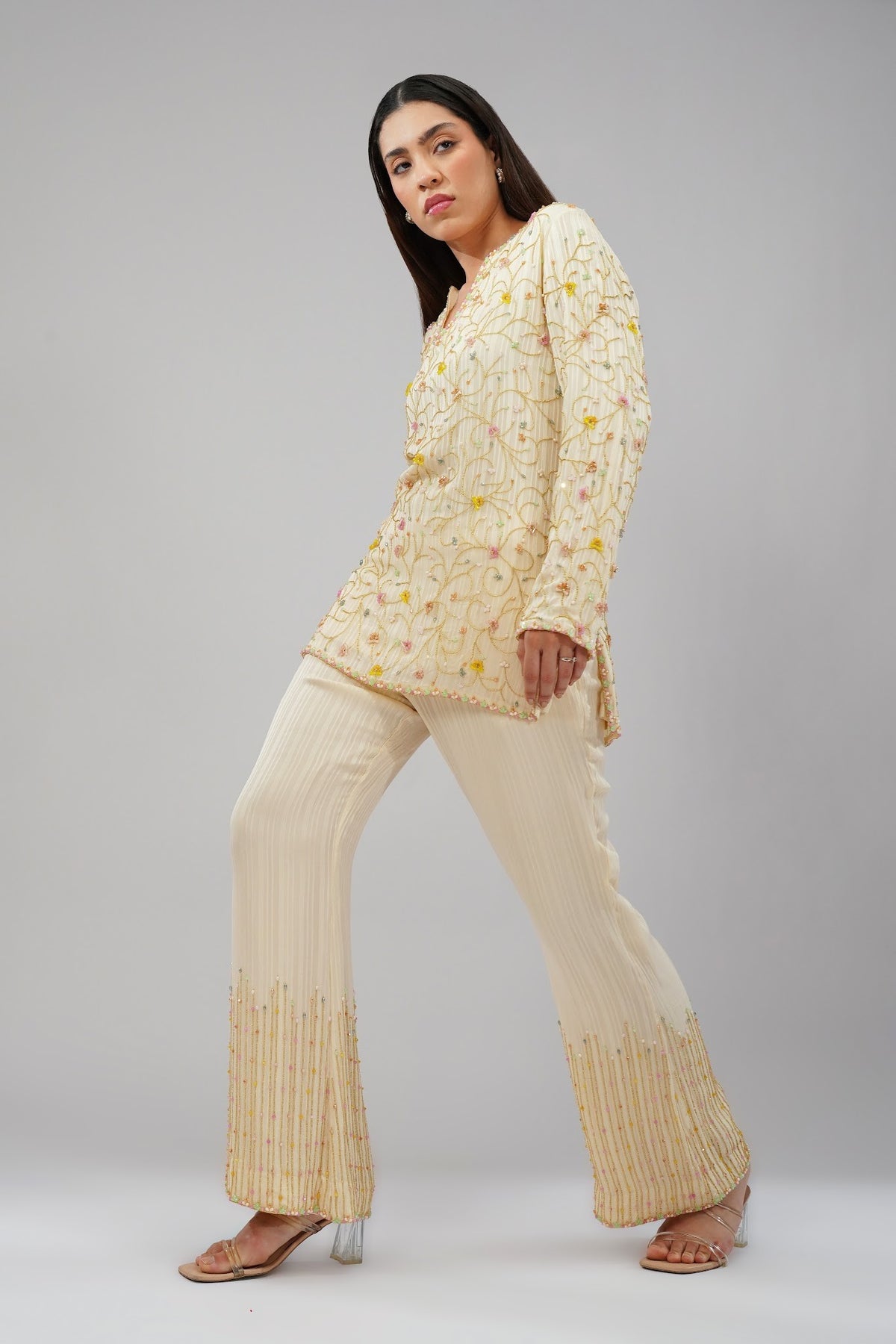 Saboo Embellished Short Kurti Pristine Ivory Multi With Saboo Embellished Flare Pant Pristine Ivory Multi