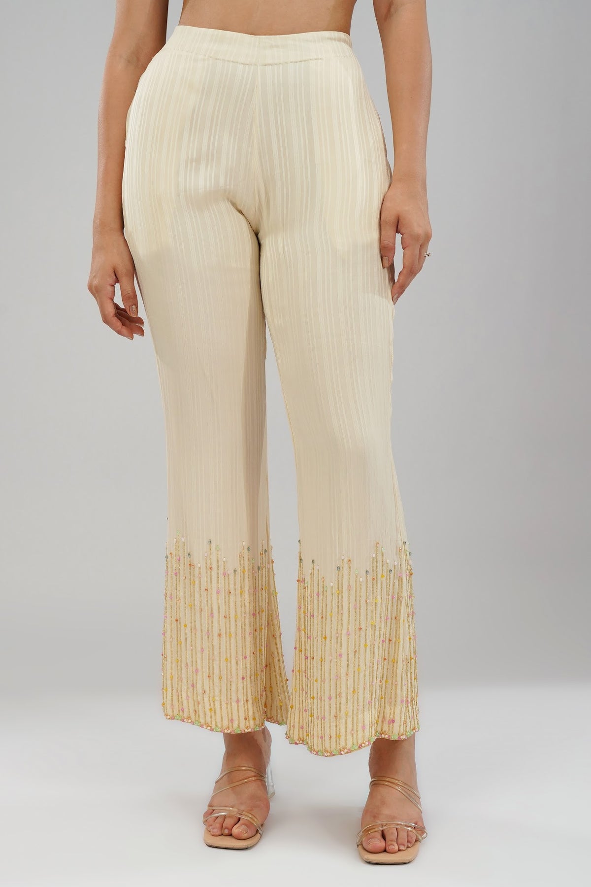 Saboo Embellished Short Kurti Pristine Ivory Multi With Saboo Embellished Flare Pant Pristine Ivory Multi