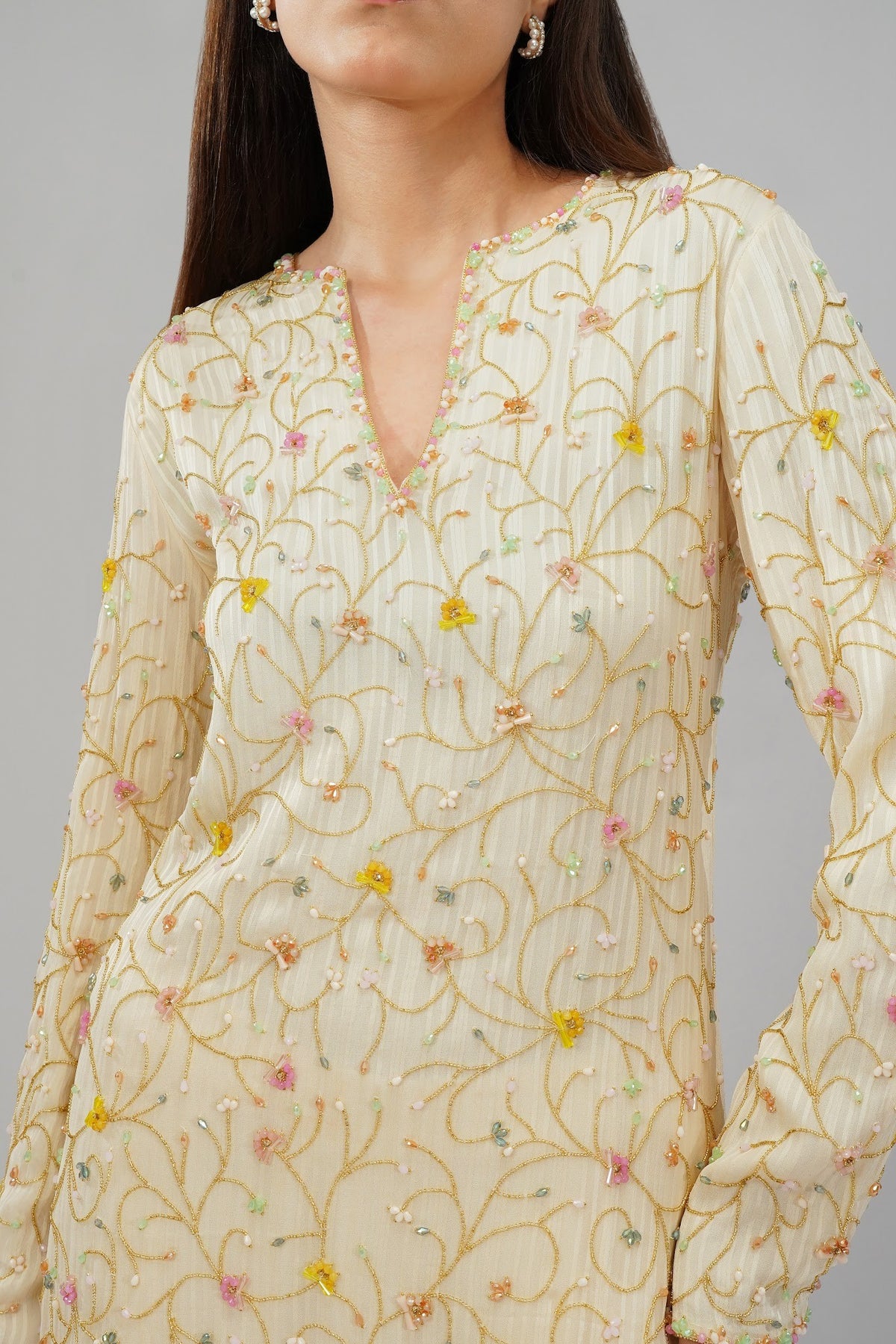 Saboo Embellished Short Kurti Pristine Ivory Multi With Saboo Embellished Flare Pant Pristine Ivory Multi