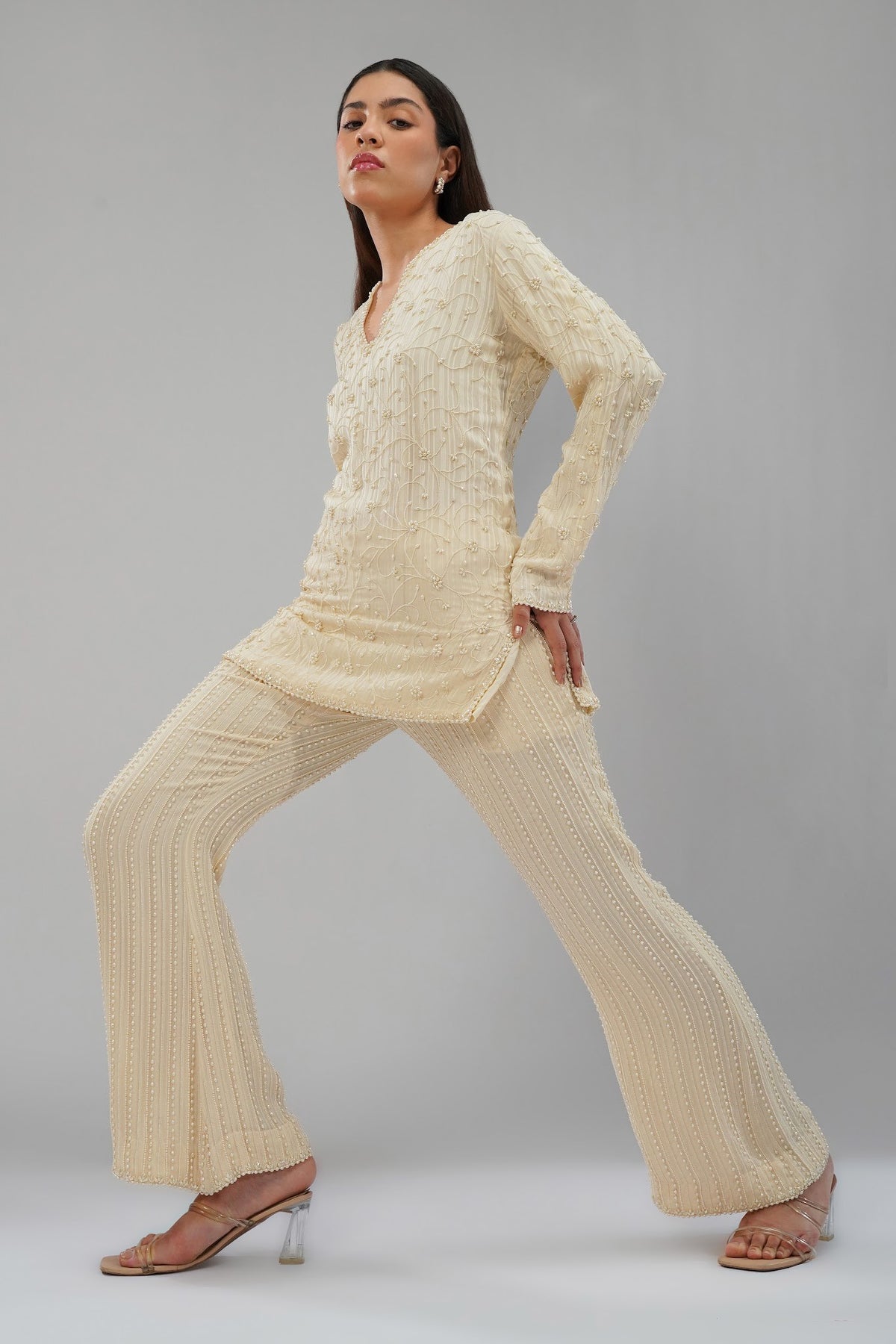 Saboo Embellished Short Kurti Pristine Ivory With Saboo Flare Pant Pristine Ivory