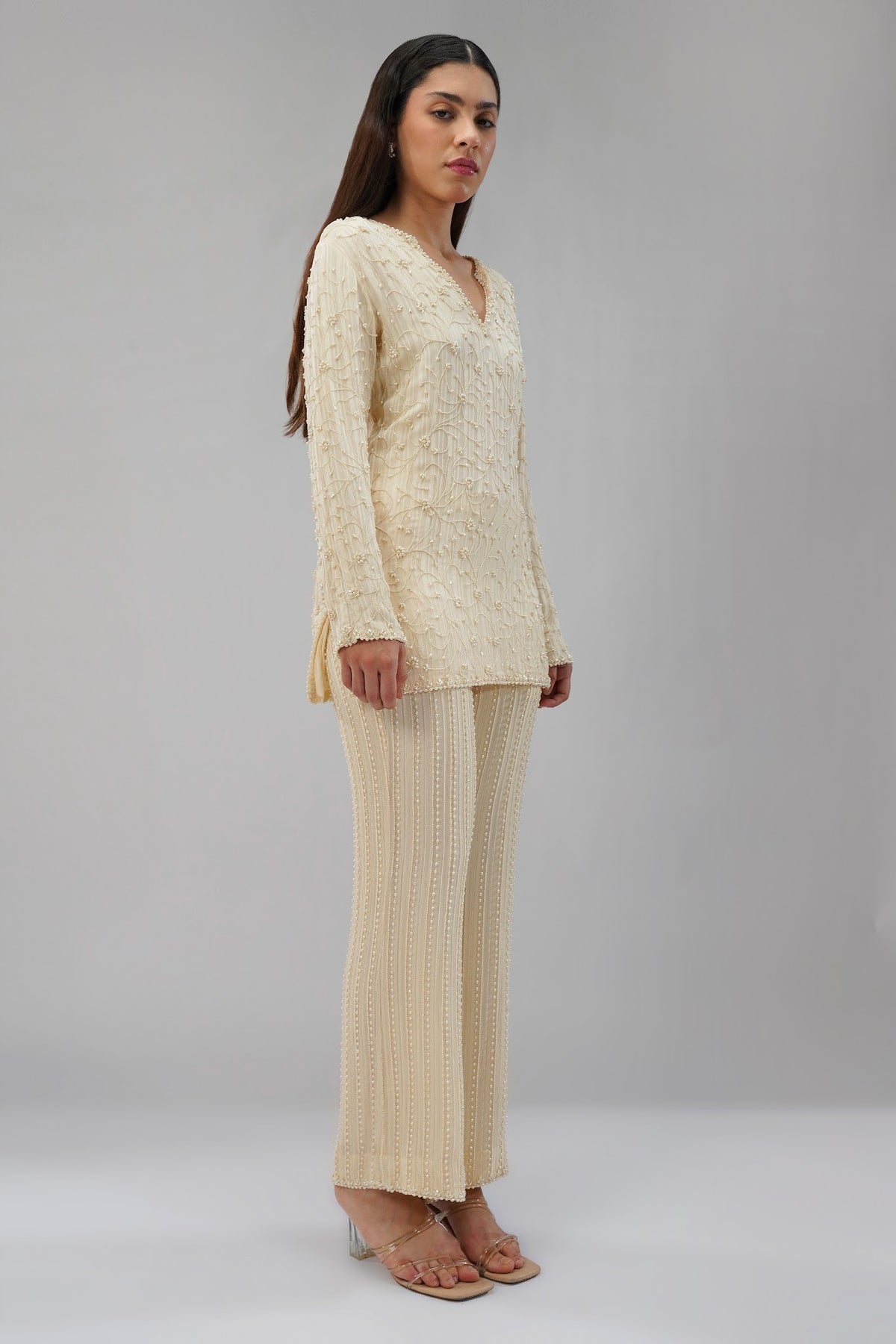 Saboo Embellished Short Kurti Pristine Ivory With Saboo Flare Pant Pristine Ivory