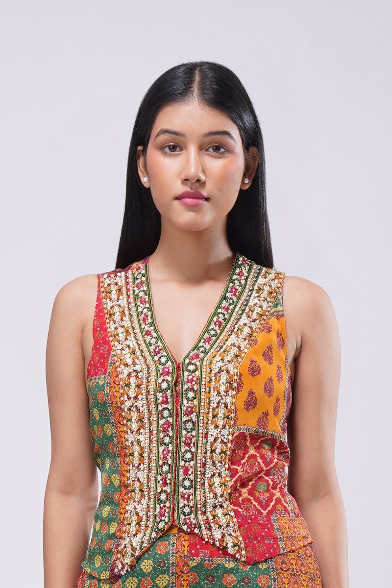 Sachi Crop WaistCoat Sleeveless Ruby Red Emerald Green Multi