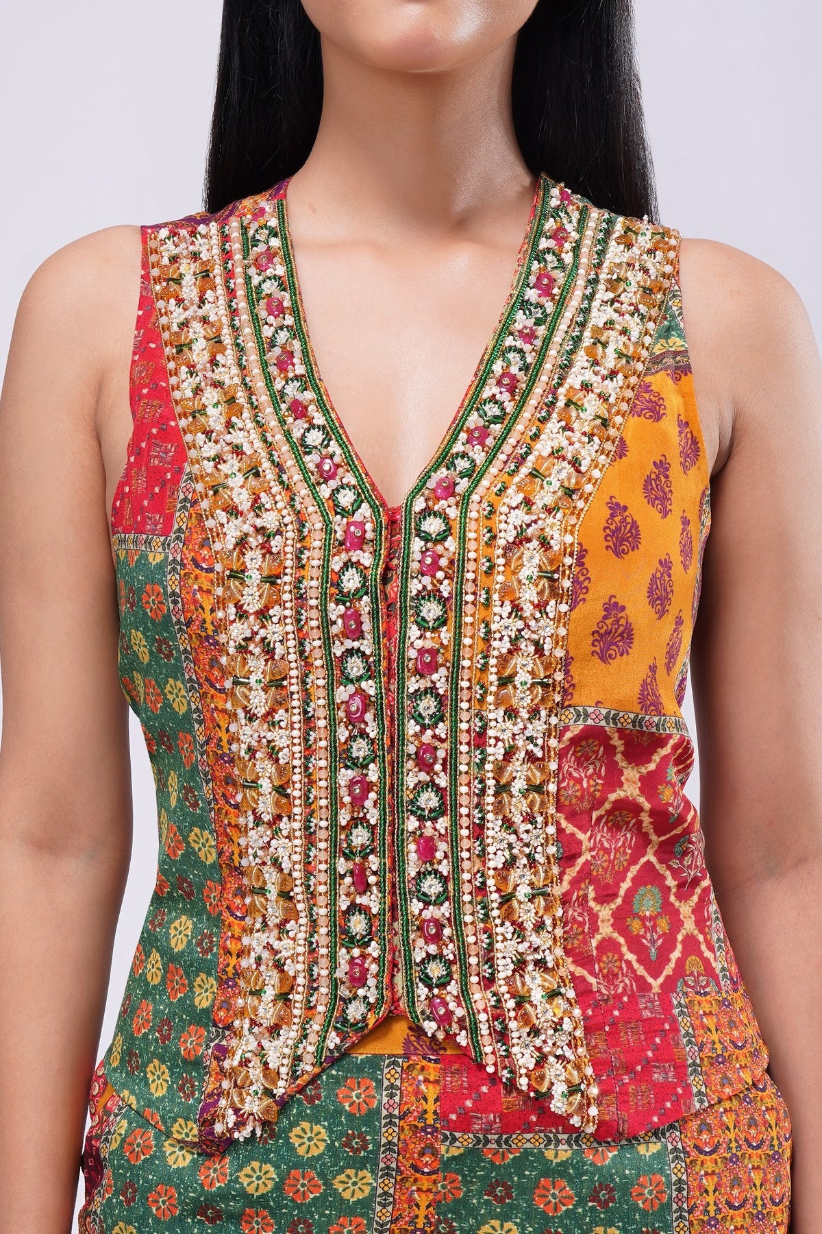 Sachi Crop WaistCoat Sleeveless Ruby Red Emerald Green Multi