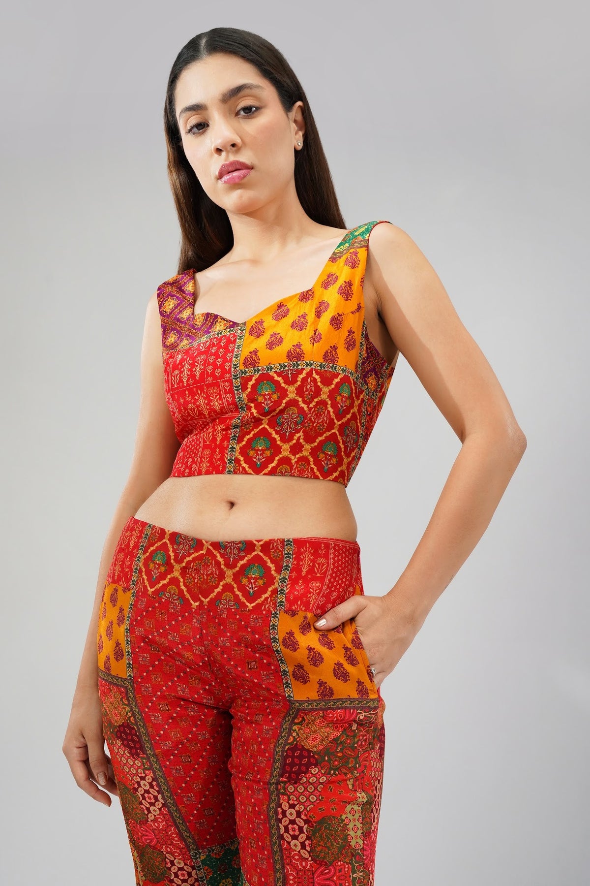 Sachi Embellished Full Sleeve Shirt Ruby Red Emerald Green Multi And Sachi Crop Top Ruby Red Emerald Green Multi With Sachi Cigarette Pant Full Length Ruby Red Emerald Green Multi