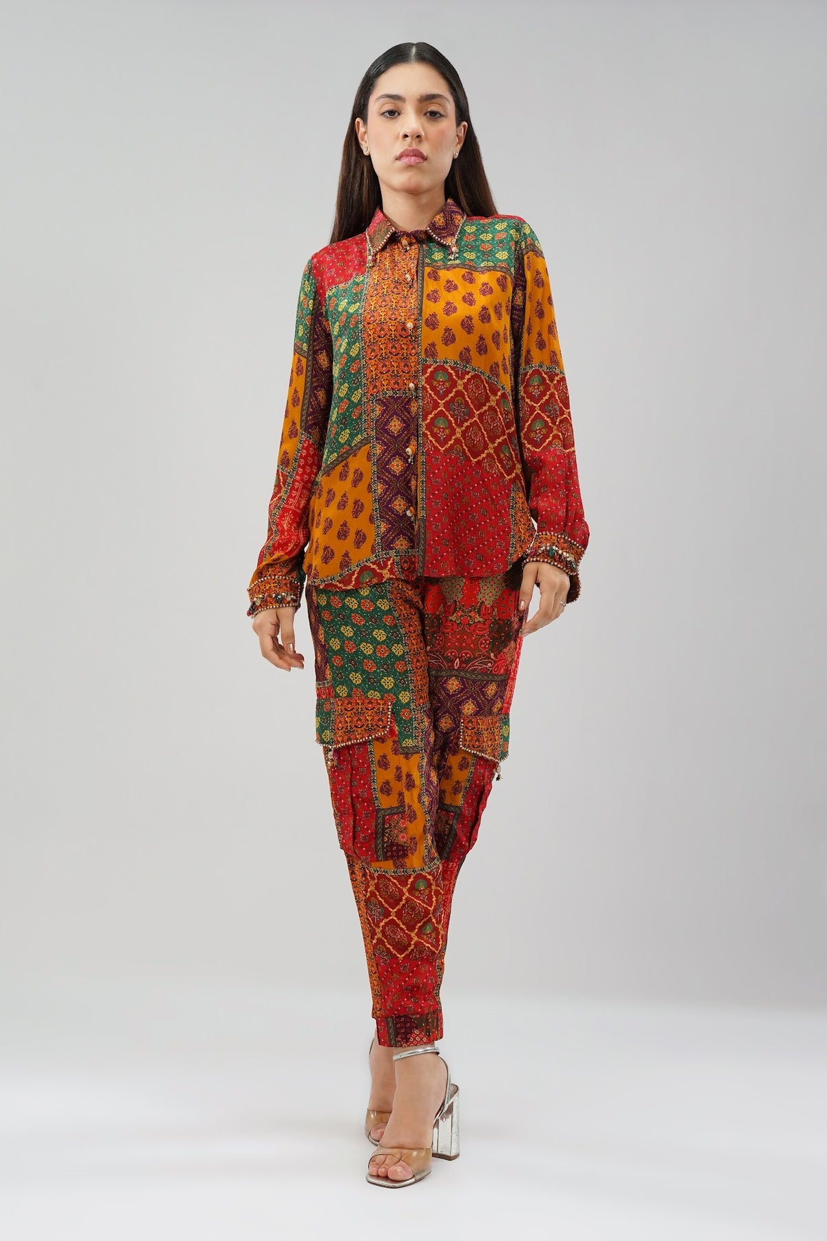 Sachi Embellished Full Sleeve Shirt With Sachi Jogger Pant Ruby Red Emerald Green Multi