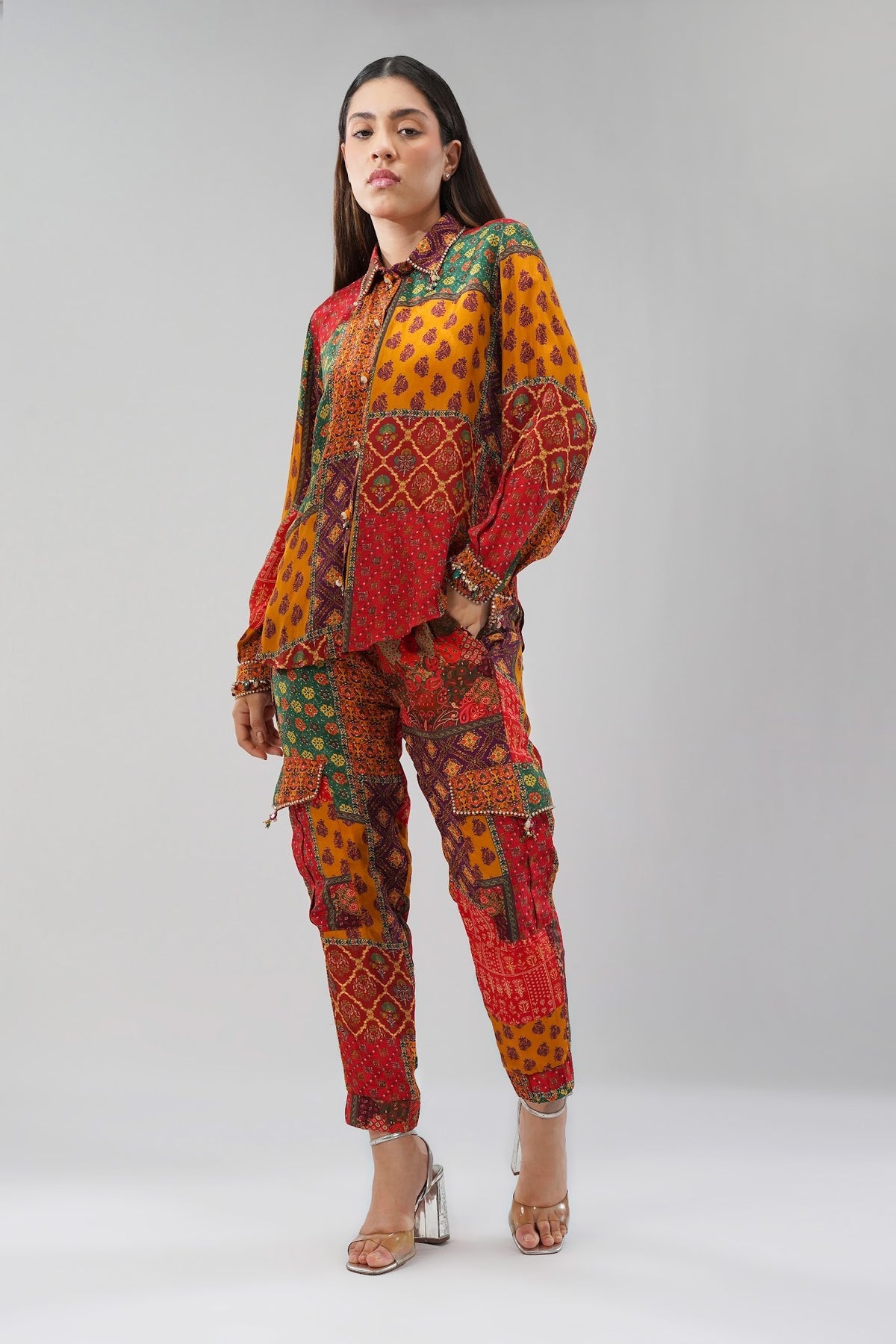 Sachi Embellished Full Sleeve Shirt With Sachi Jogger Pant Ruby Red Emerald Green Multi