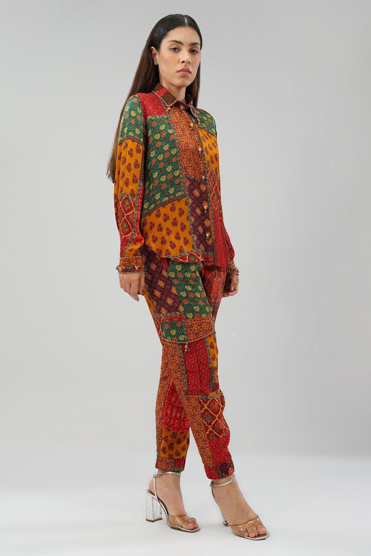Sachi Embellished Full Sleeve Shirt With Sachi Jogger Pant Ruby Red Emerald Green Multi