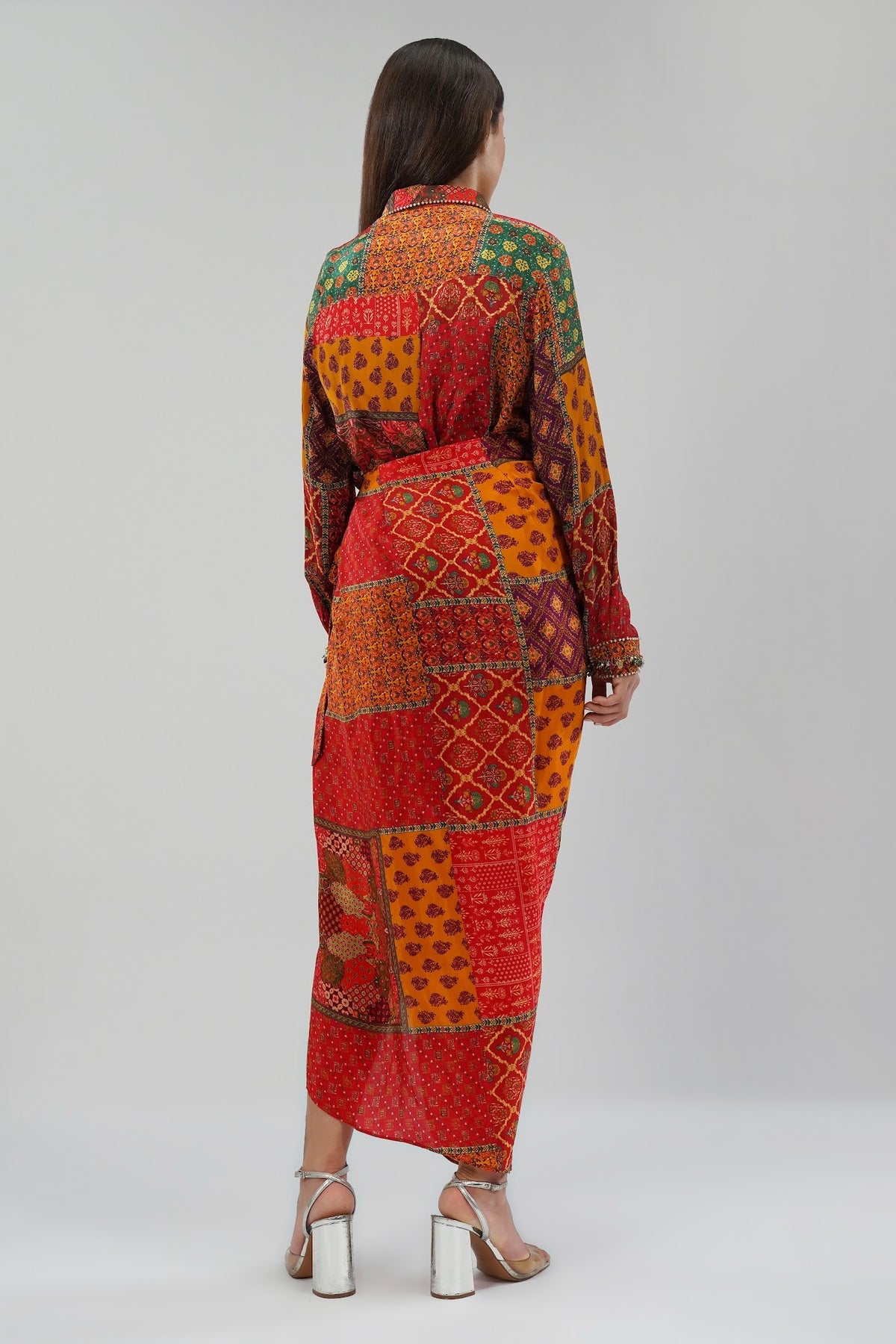 Sachi Embellished Full Sleeve Shirt With Sachi Tulip Wrap Skirt Full Length Ruby Red Emerald Green Multi