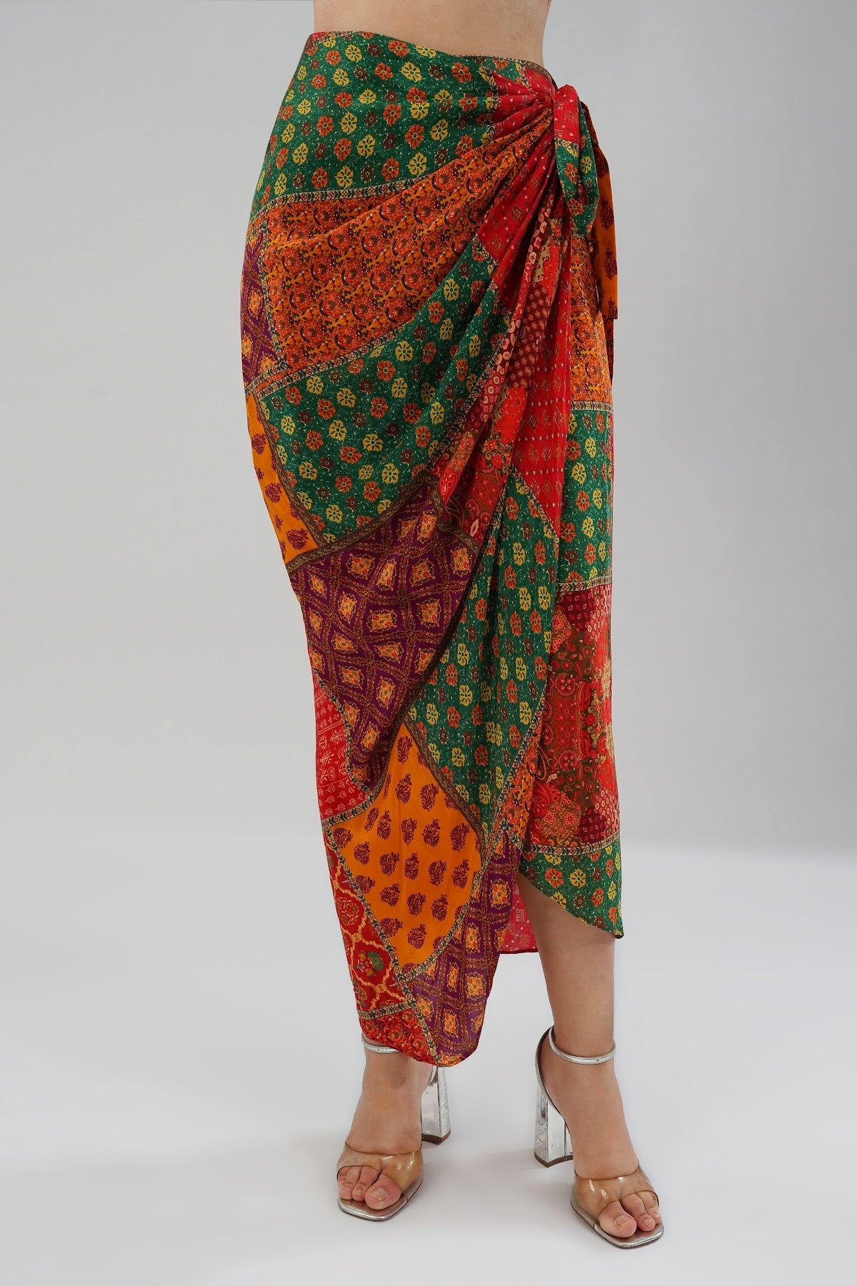 Sachi Embellished Full Sleeve Shirt With Sachi Tulip Wrap Skirt Full Length Ruby Red Emerald Green Multi