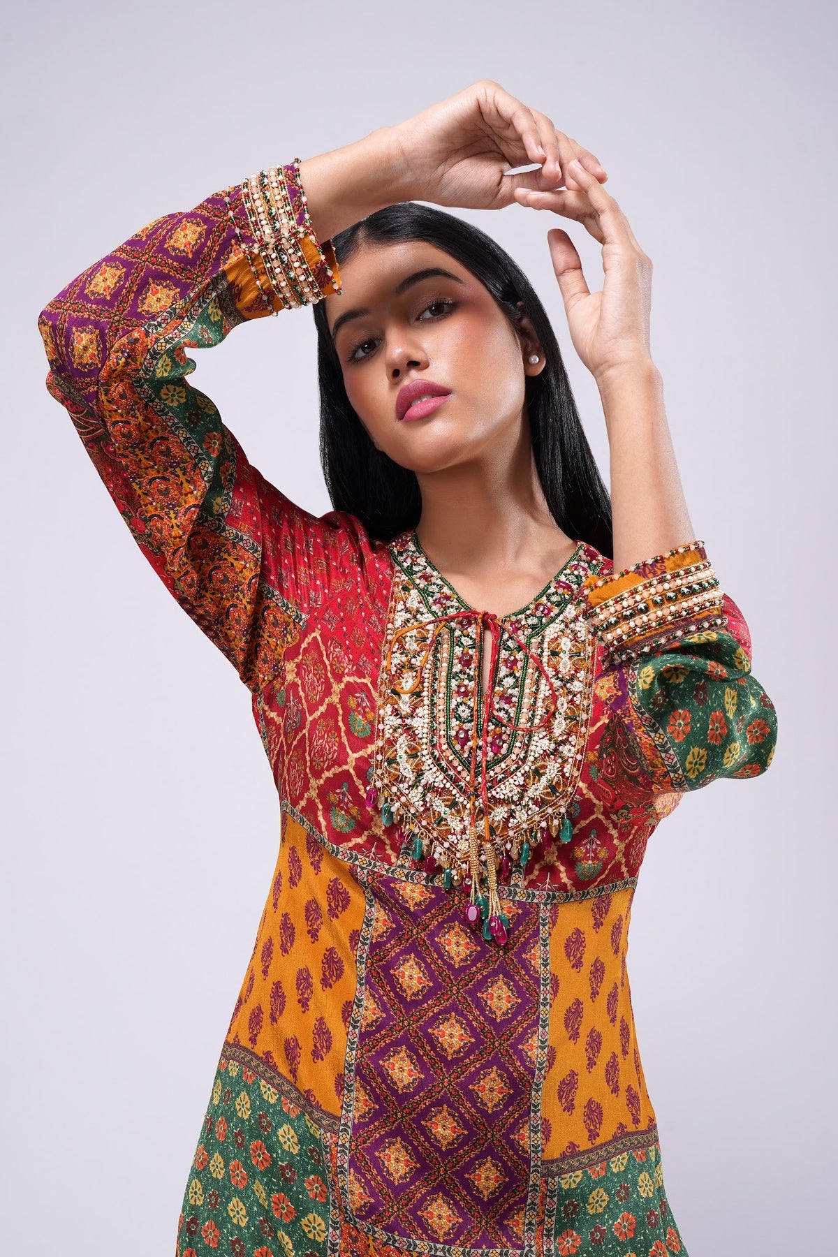Sachi Embellished Short Kurti Ruby Red Emerald Green Multi