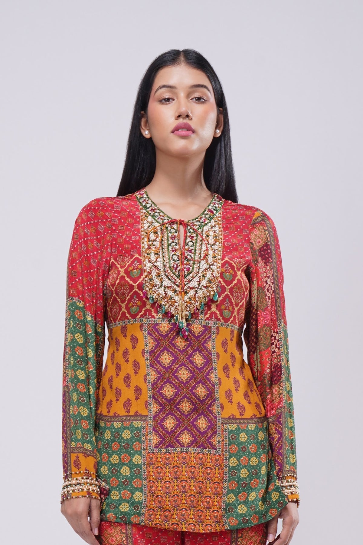 Sachi Embellished Short Kurti Ruby Red Emerald Green Multi
