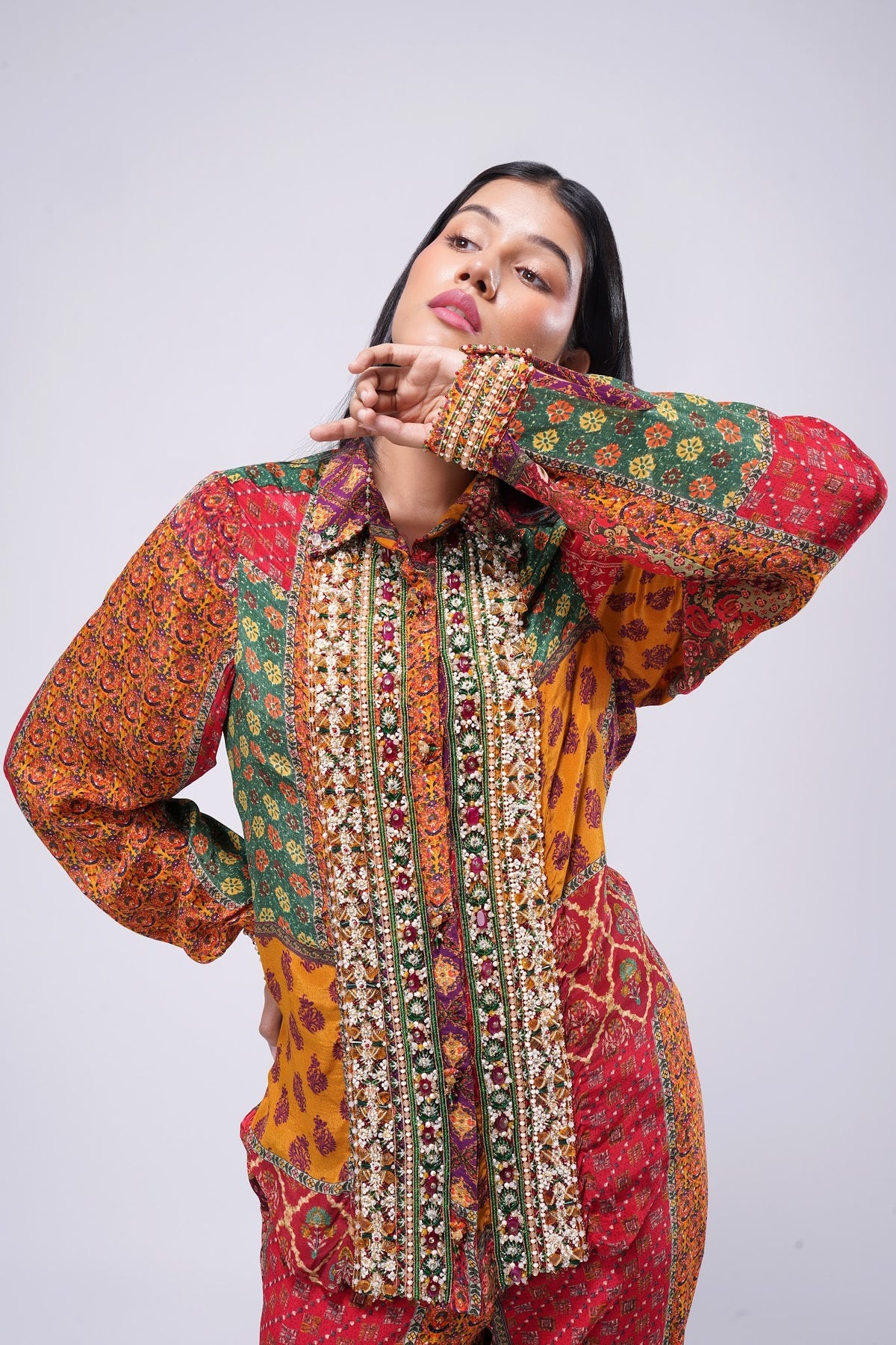 Sachi Heavy Embellished Full Sleeve Shirt Ruby Red Emerald Green Multi