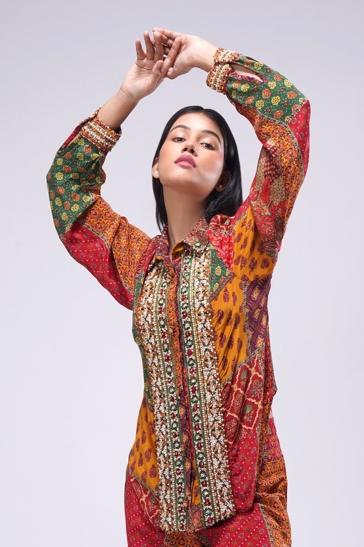 Sachi Heavy Embellished Full Sleeve Shirt Ruby Red Emerald Green Multi