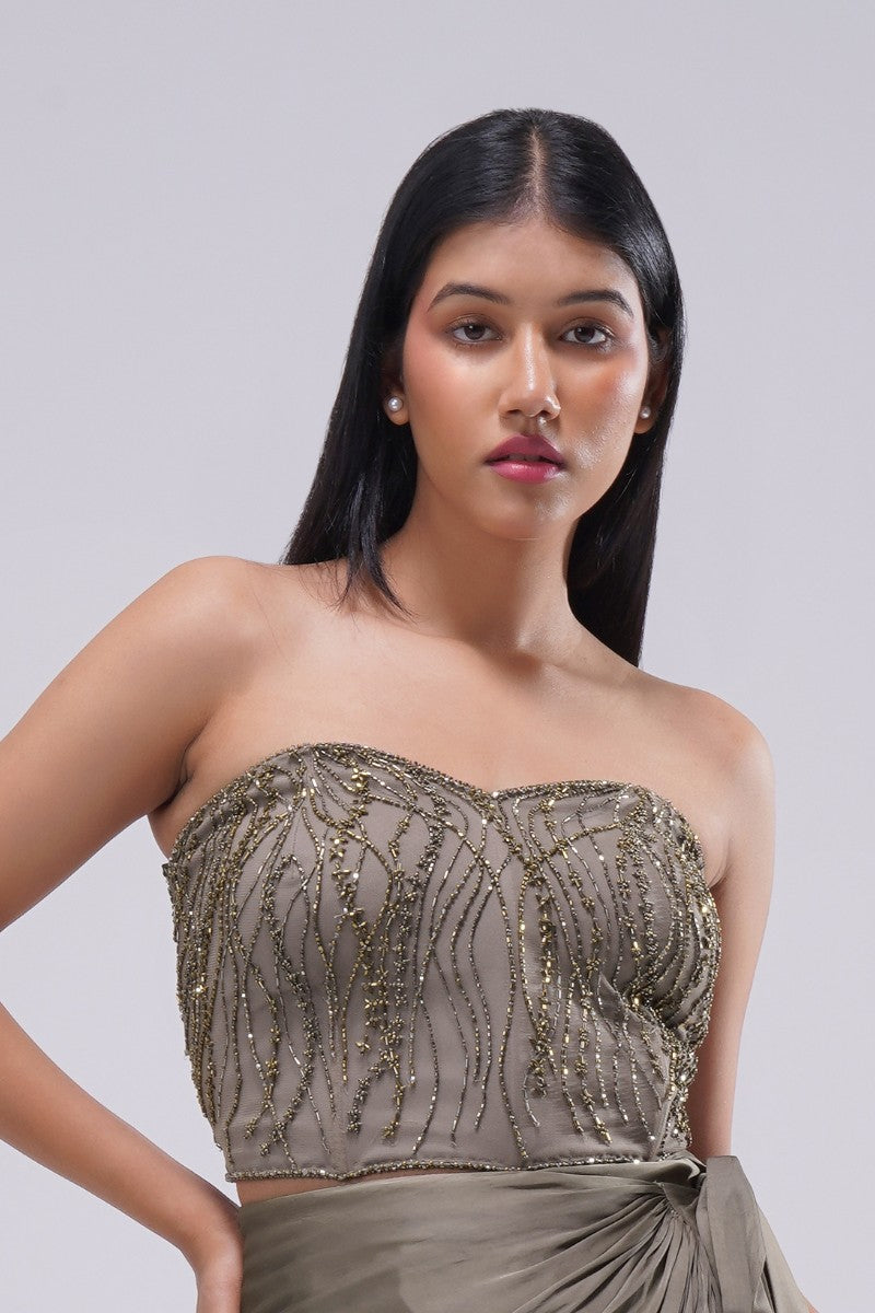 Zeba Crop Top Sleeve Less Bustier Antique Gold Antique Silver