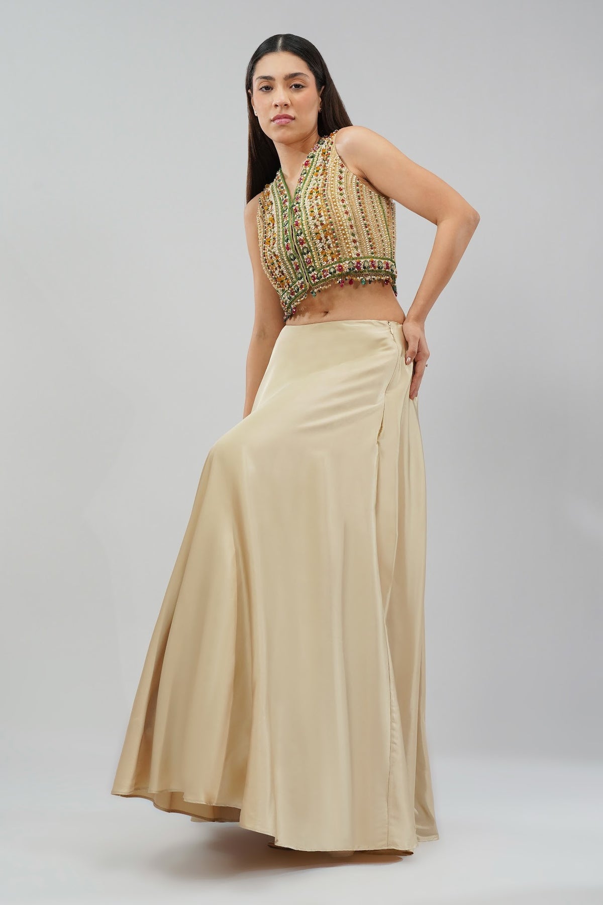 Amara Short Jacket Sleeveless Ruby Red Emerald Green Multi With Plain Flare Lehenga Full Length Champagne Beige