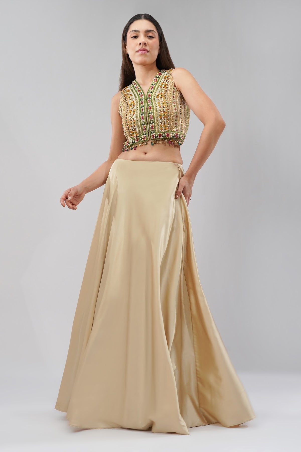 Amara Short Jacket Sleeveless Ruby Red Emerald Green Multi With Plain Flare Lehenga Full Length Champagne Beige