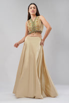 Amara Short Jacket Sleeveless Ruby Red Emerald Green Multi With Plain Flare Lehenga Full Length Champagne Beige