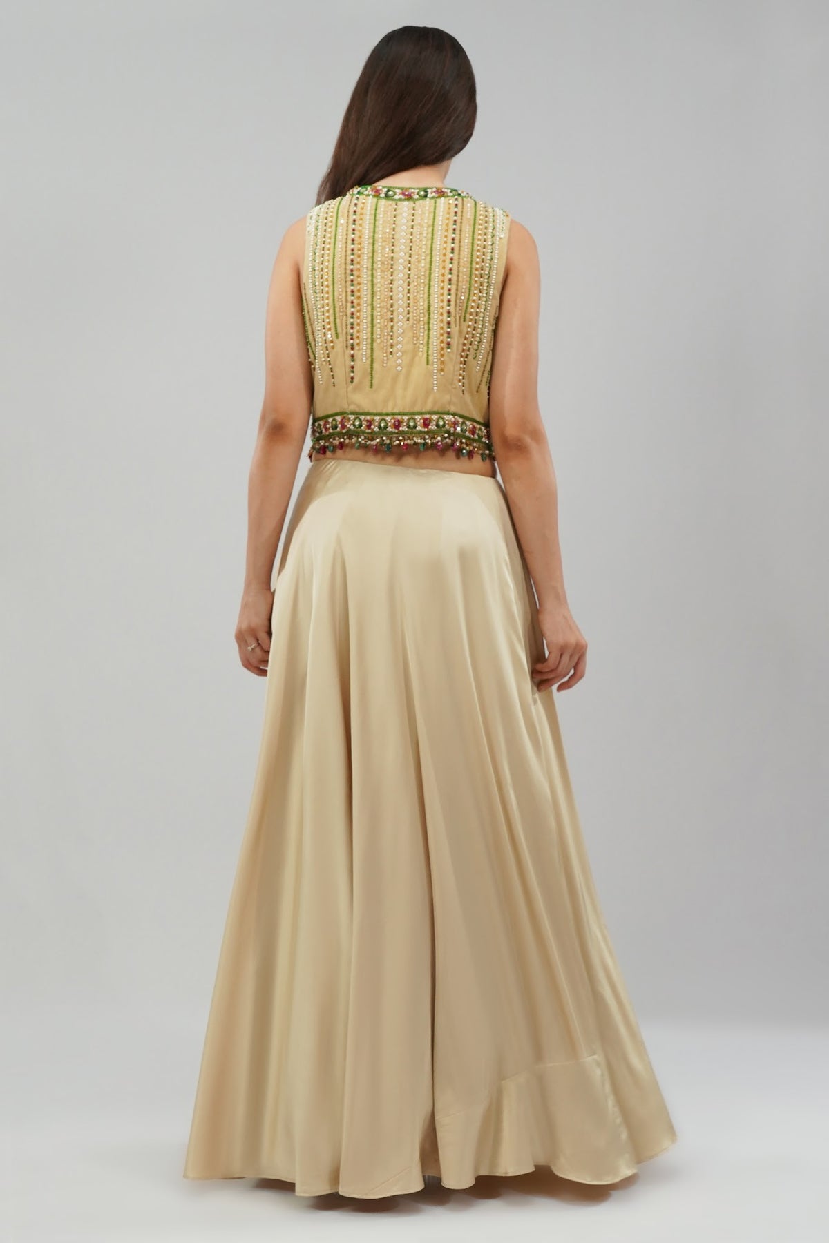 Amara Short Jacket Sleeveless Ruby Red Emerald Green Multi With Plain Flare Lehenga Full Length Champagne Beige