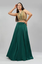 Amara Short Jacket Sleeveless Ruby Red Emerald Green Multi With Plain Flare Lehenga Full Length Emerald Green