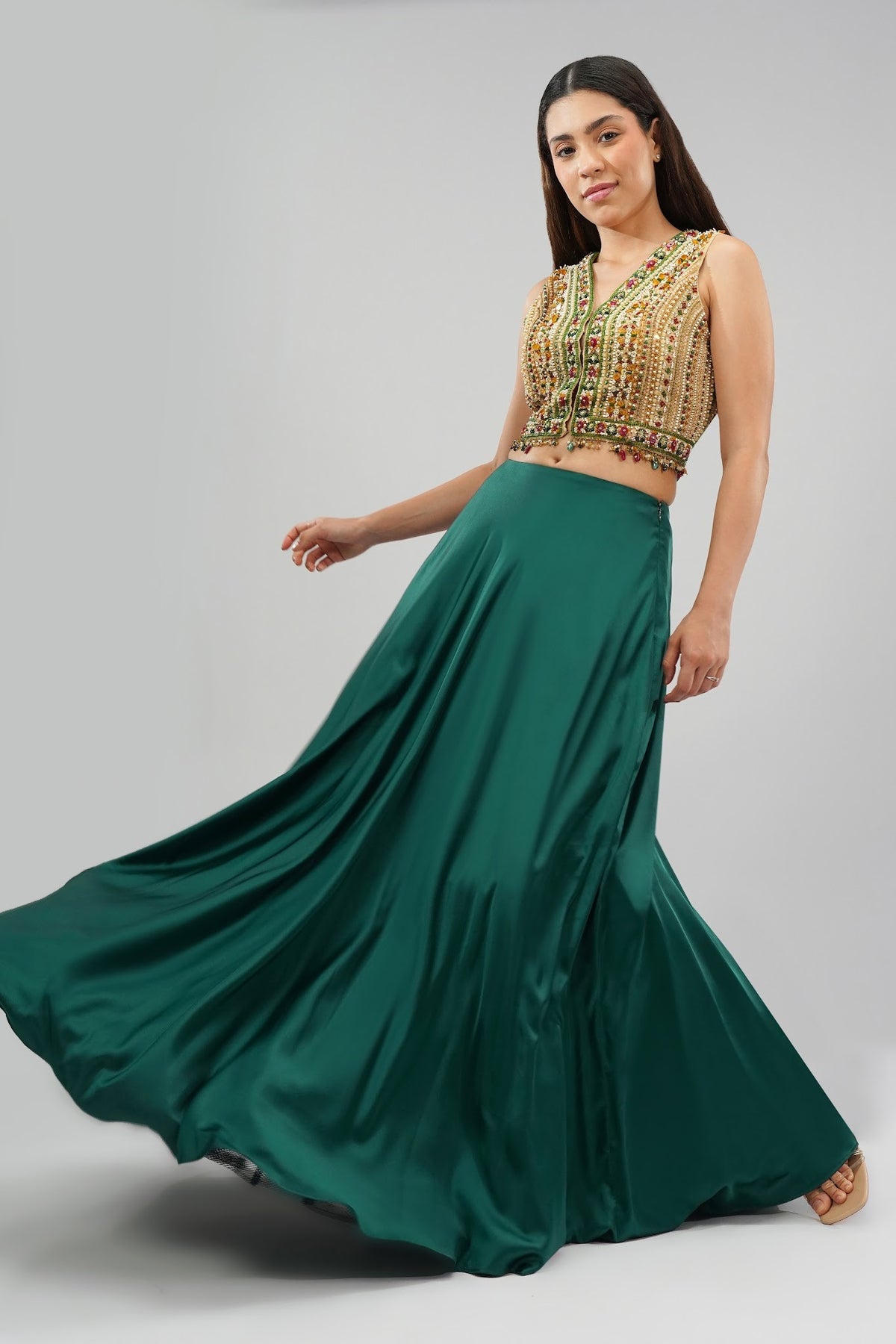 Amara Short Jacket Sleeveless Ruby Red Emerald Green Multi With Plain Flare Lehenga Full Length Emerald Green