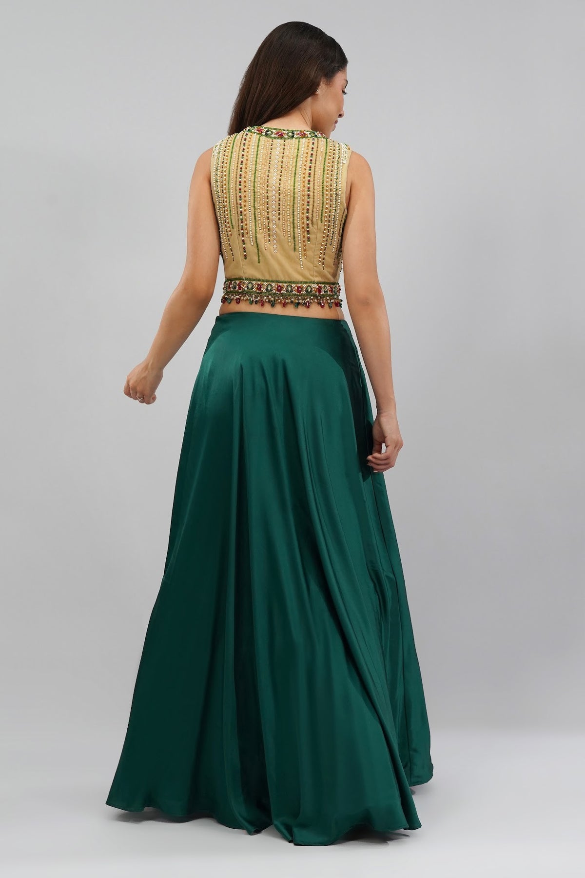 Amara Short Jacket Sleeveless Ruby Red Emerald Green Multi With Plain Flare Lehenga Full Length Emerald Green