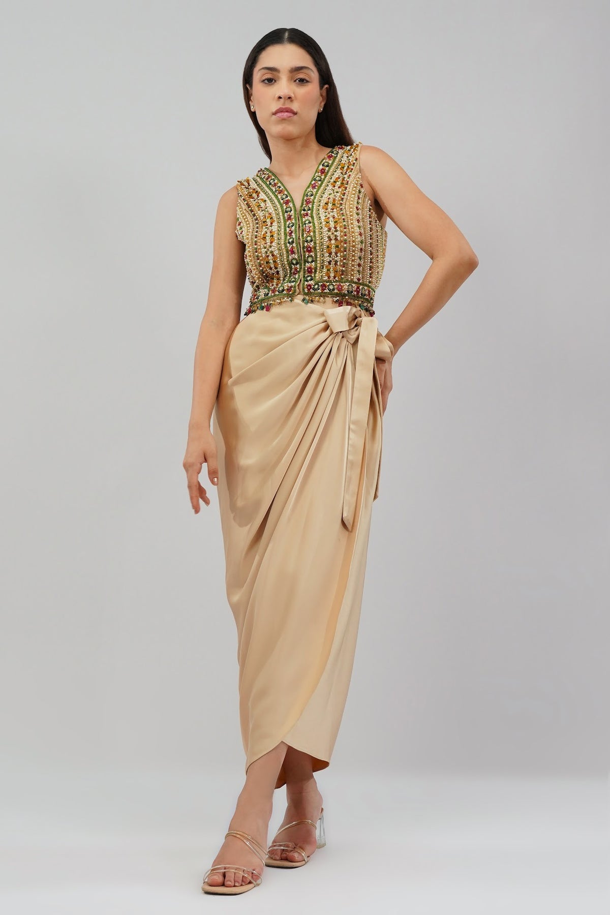 Amara Short Jacket Sleeveless Ruby Red Emerald Green Multi With Plain Tulip Freesize Full Length Wrap Skirt Champagne Beige