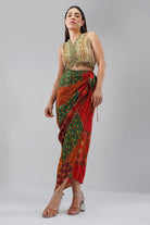 Amara Short Jacket Sleeveless Ruby Red Emerald Green Multi With Sachi Tulip Freesize Full Length Wrap Skirt Ruby Red Emerald Green Multi