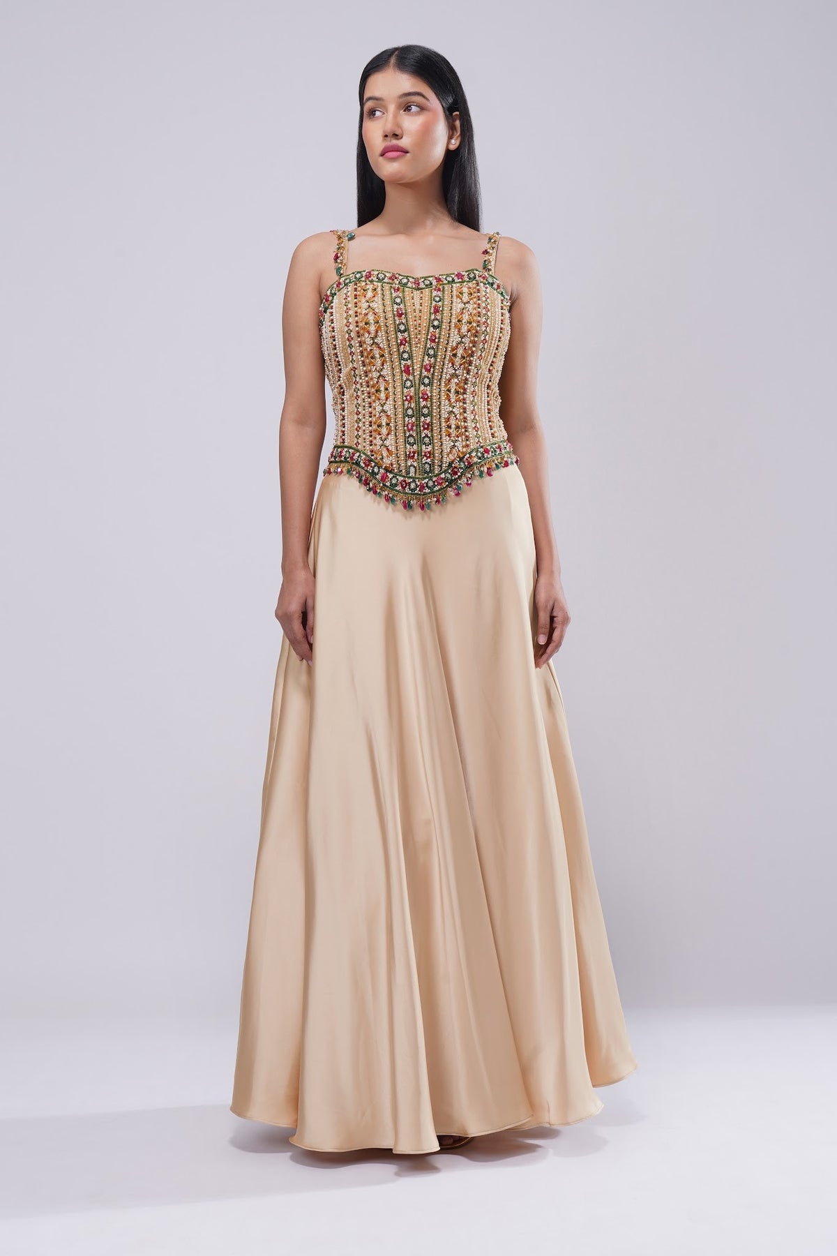 Amara Strap Corset Full-Length Princess Cut Bustier Ruby Red Emerald Green Multi With Plain Flare Lehenga Full Length Champagne Beige