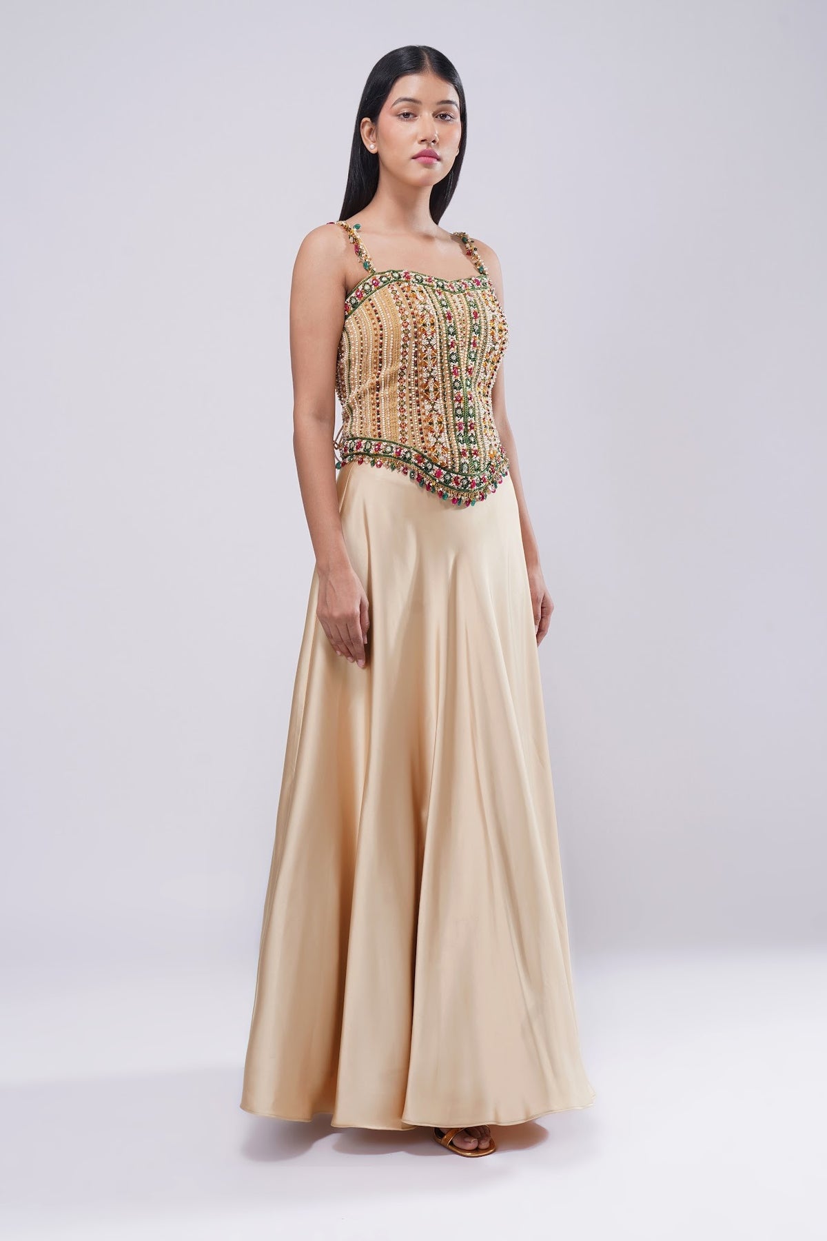 Amara Strap Corset Full-Length Princess Cut Bustier Ruby Red Emerald Green Multi With Plain Flare Lehenga Full Length Champagne Beige