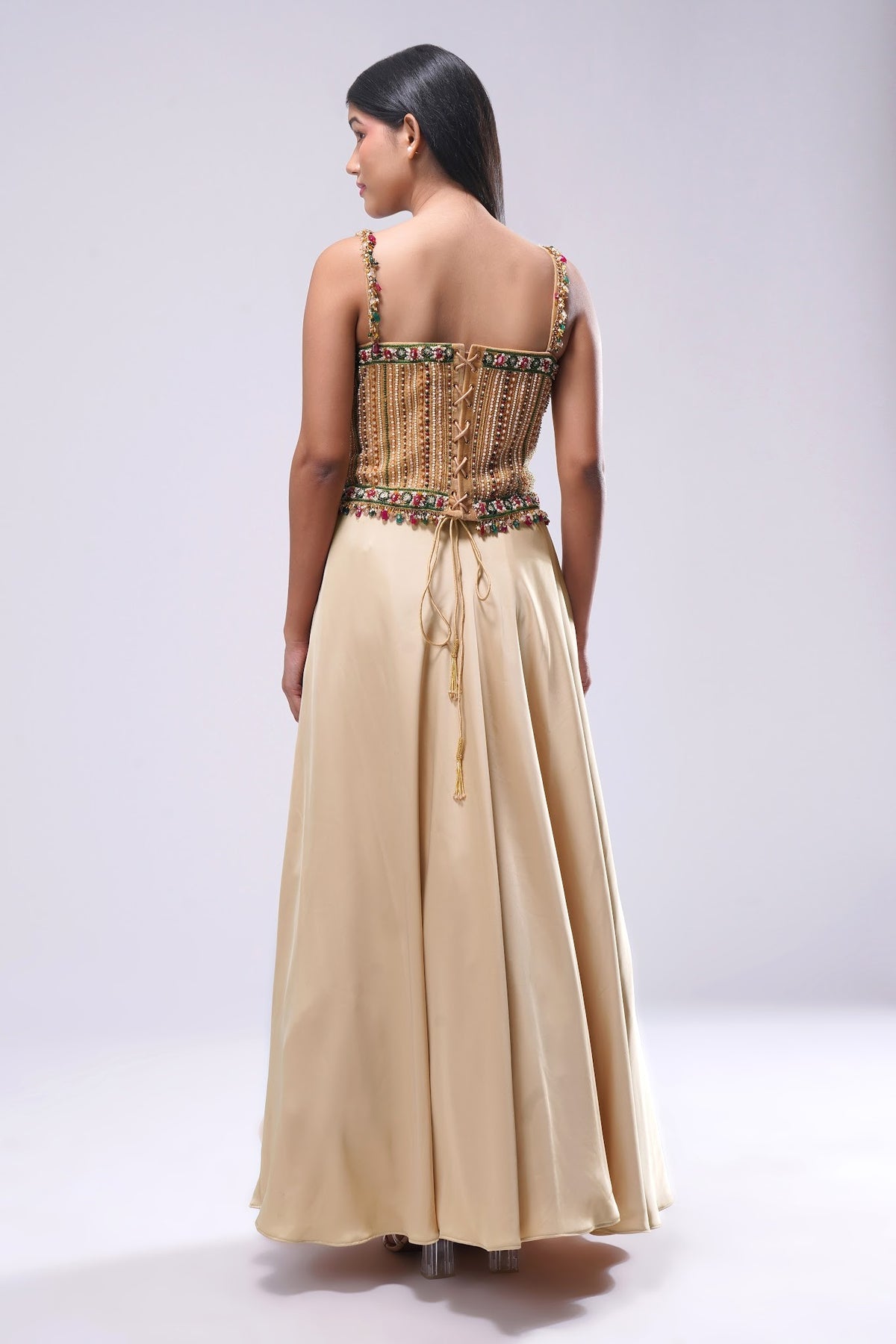 Amara Strap Corset Full-Length Princess Cut Bustier Ruby Red Emerald Green Multi With Plain Flare Lehenga Full Length Champagne Beige