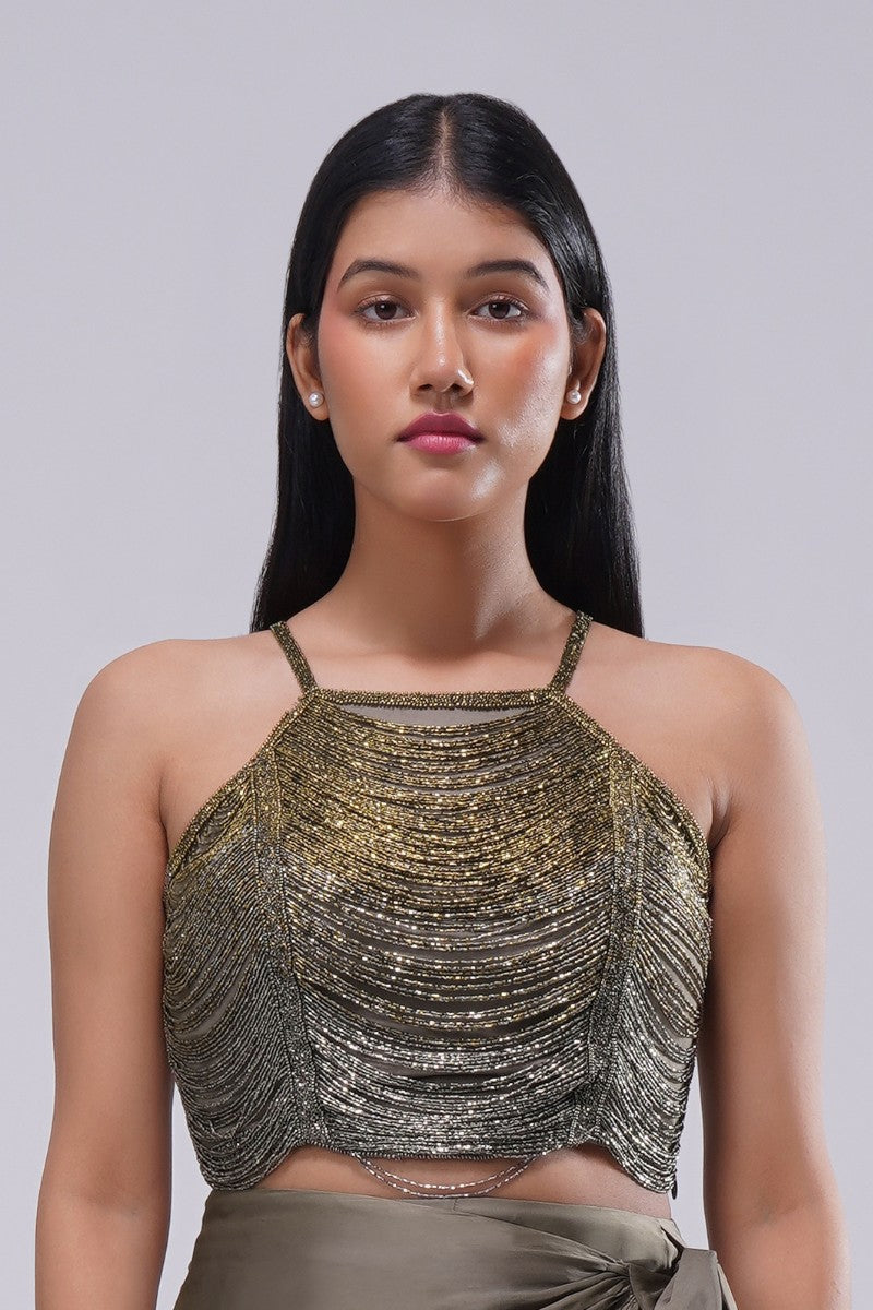 Aura Crop Top Strappy Sleeve Antique Gold Antique Silver