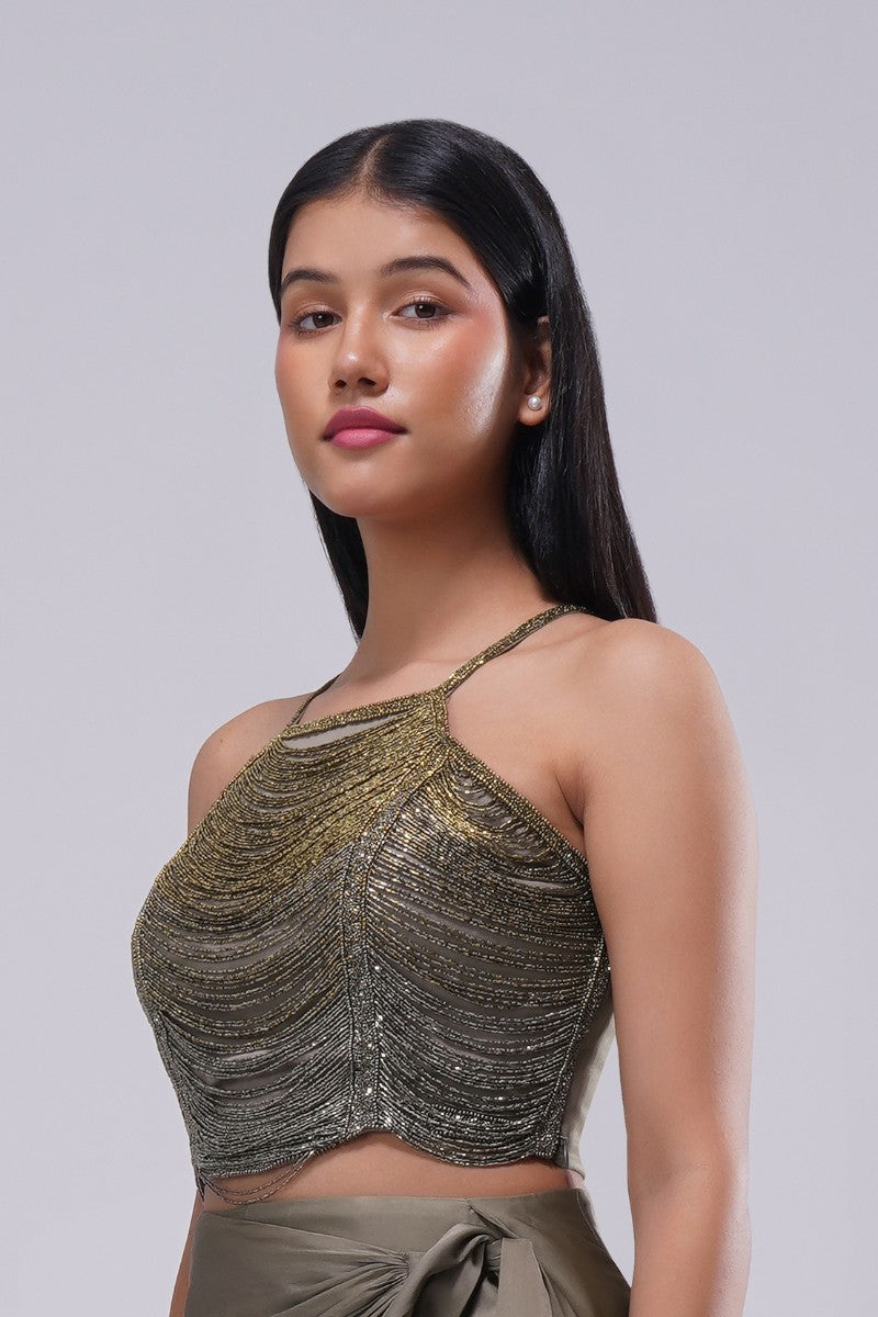 Aura Crop Top Strappy Sleeve Antique Gold Antique Silver