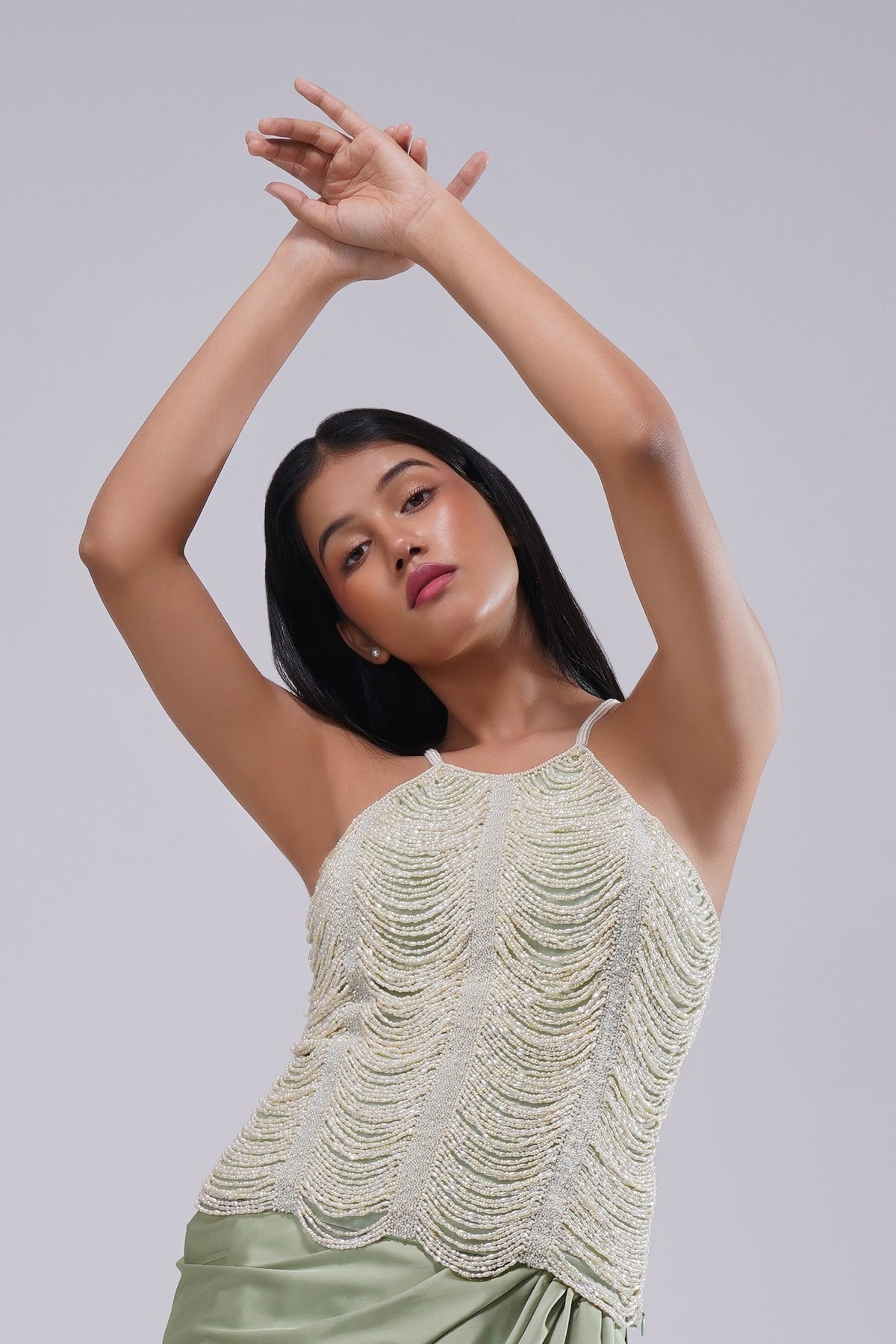 Aura Full Length Strappy Sleeve Top Jade Green