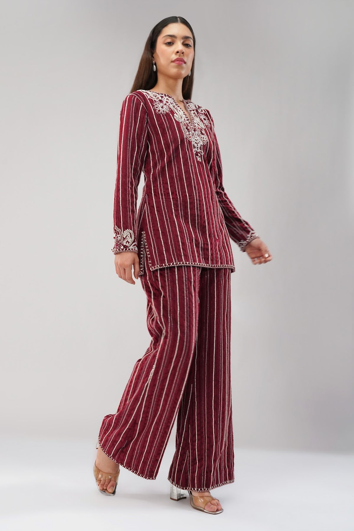 Bijoux Kurta Pant Set Pristine Ivory Ruby Red