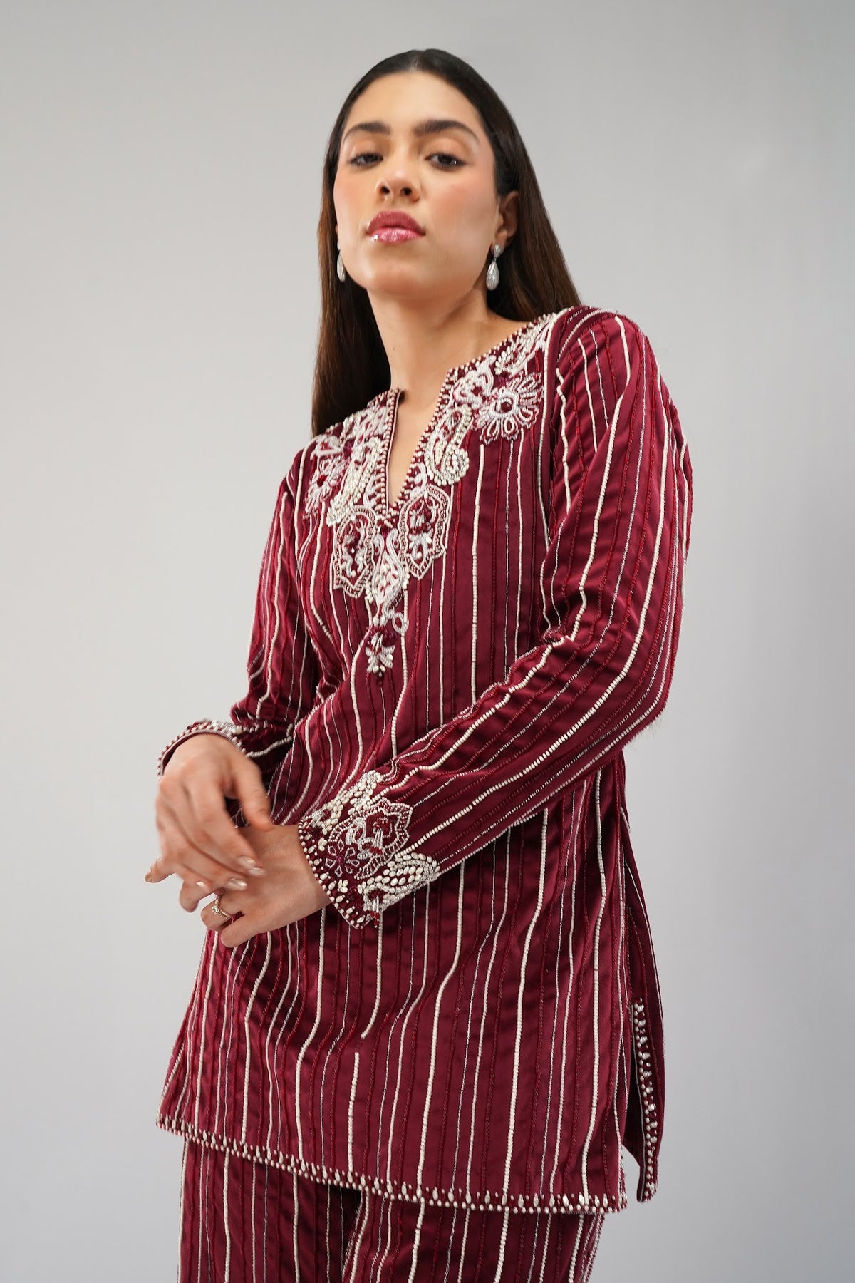 Bijoux Kurta Pant Set Pristine Ivory Ruby Red