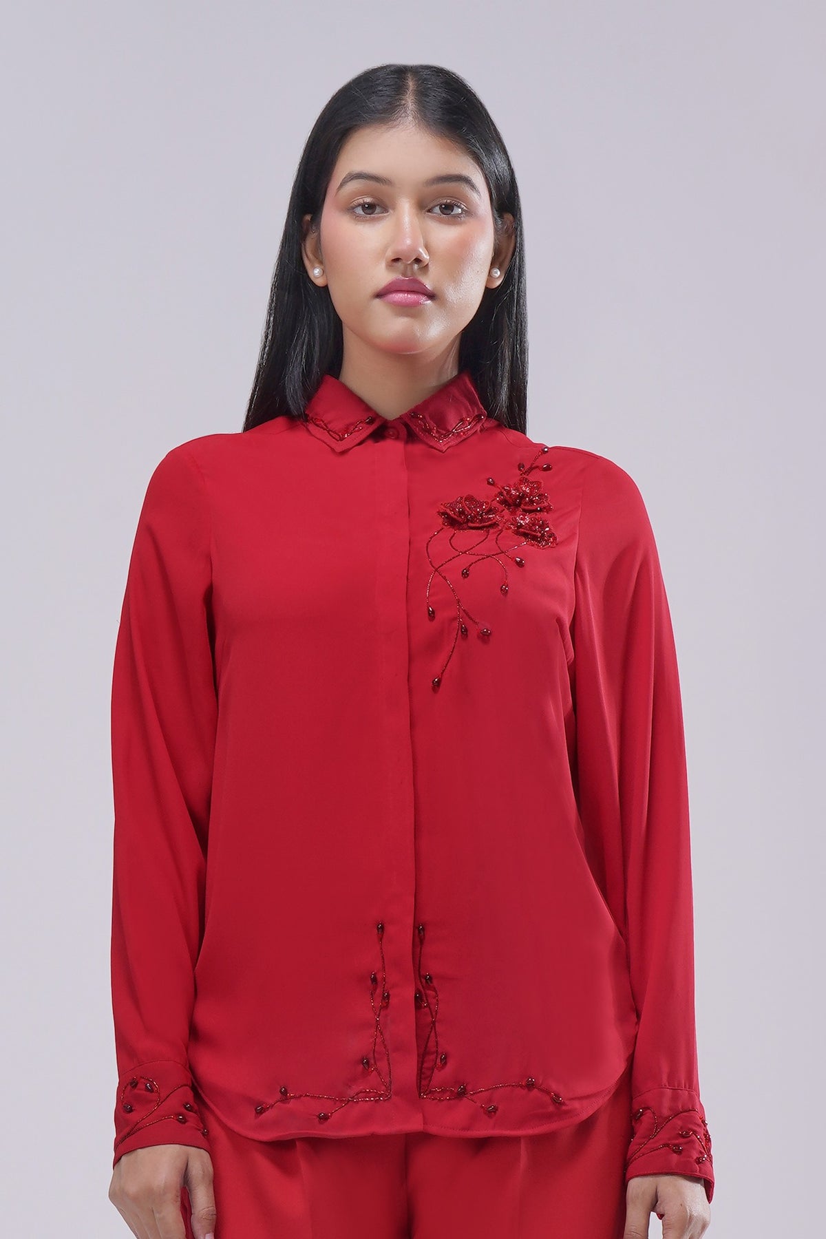 Corsage Embellished Full Sleeve Shirt Carnelian Red