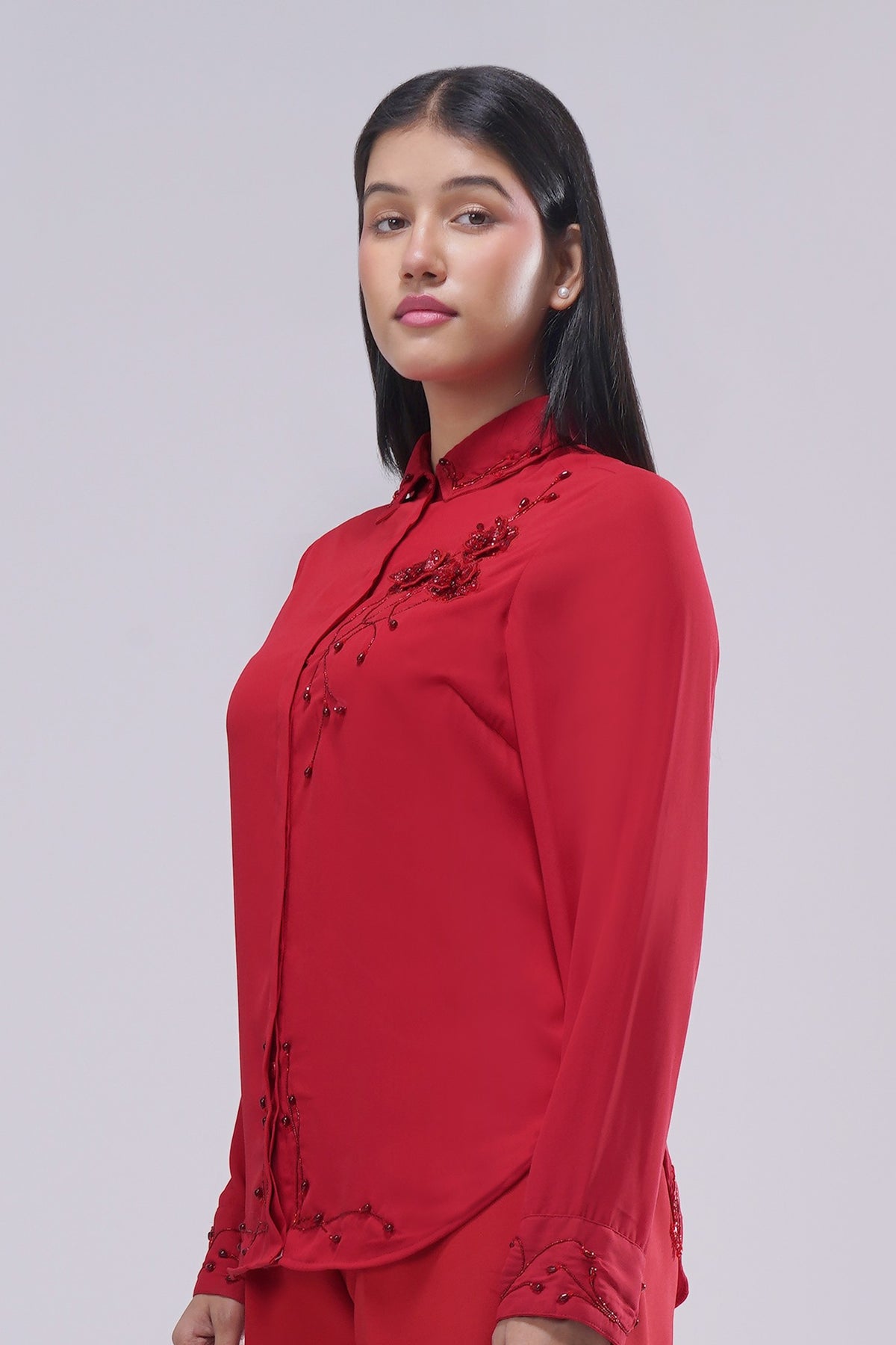 Corsage Embellished Full Sleeve Shirt Carnelian Red