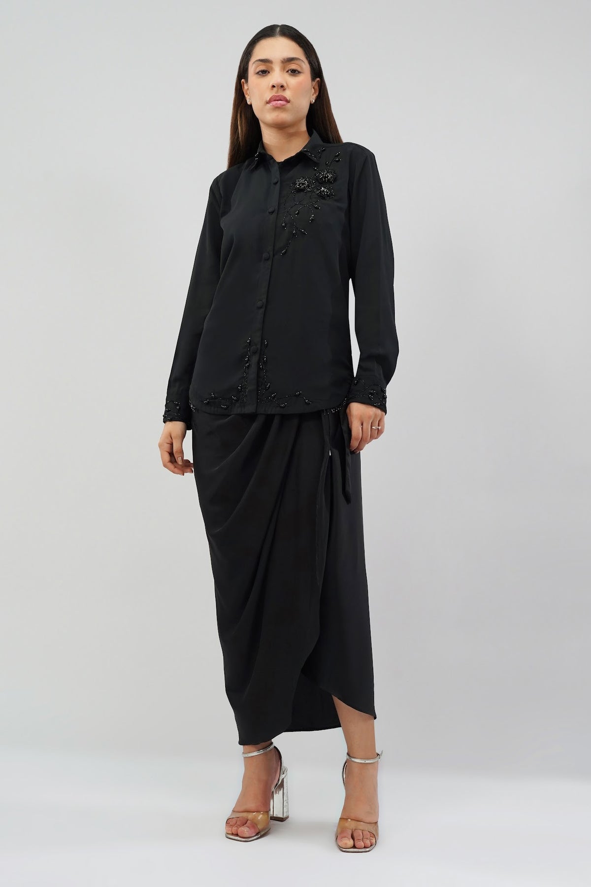 Corsage Embellished Full Sleeve Shirt Heritage Black With Plain Tulip Freesize Full Length Wrap Skirt Heritage Black