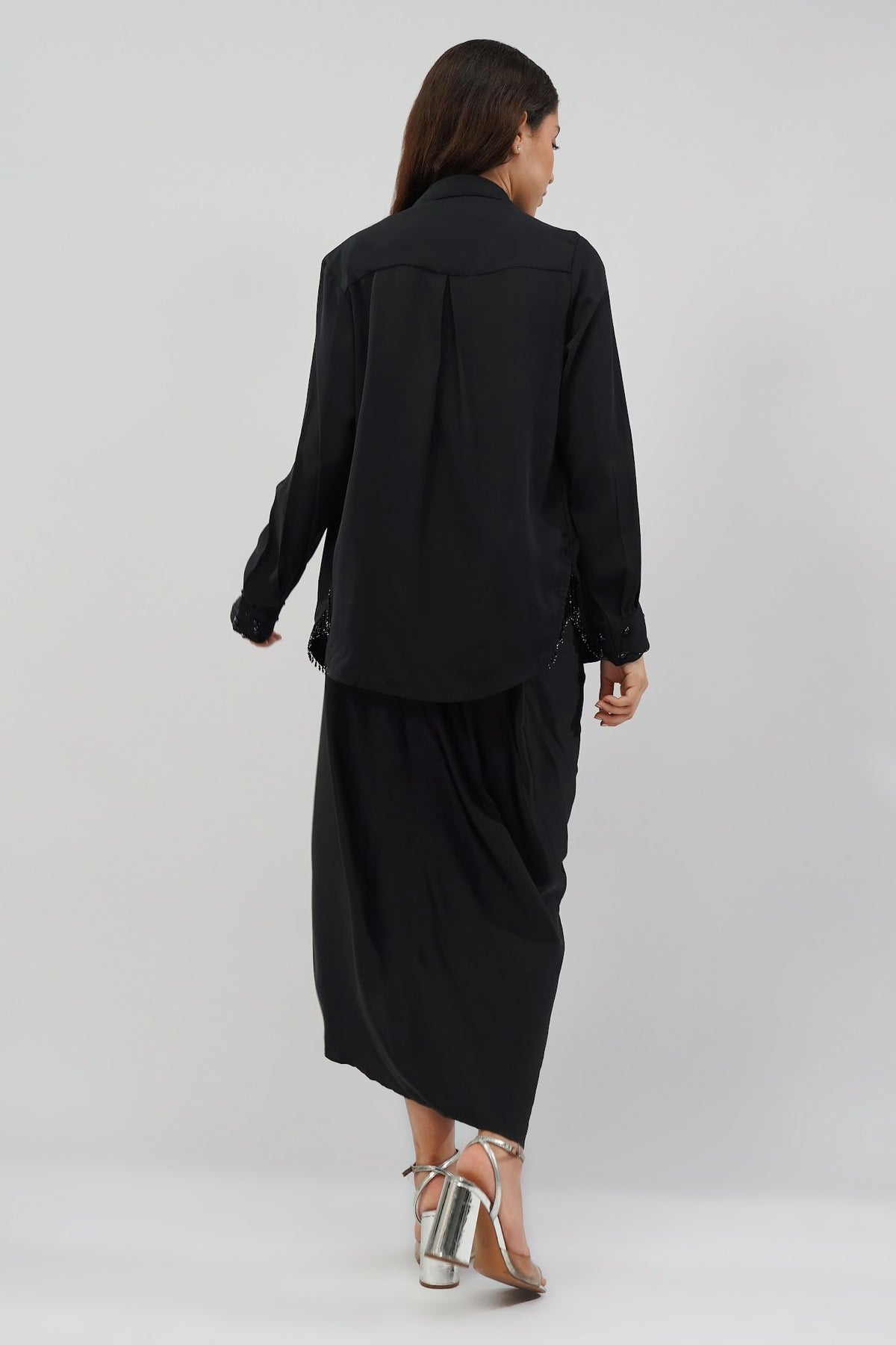 Corsage Embellished Full Sleeve Shirt Heritage Black With Plain Tulip Freesize Full Length Wrap Skirt Heritage Black