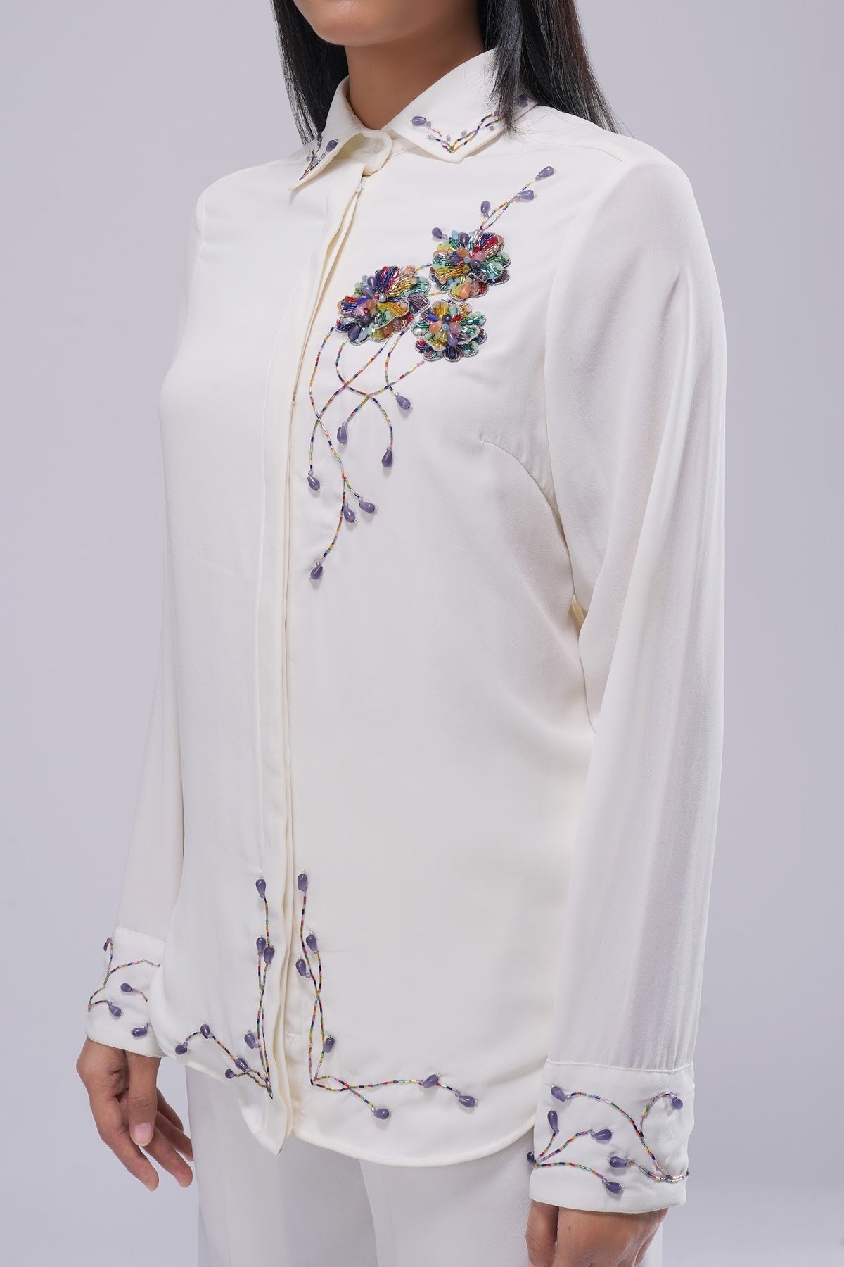 Corsage Embellished Full Sleeve Shirt Pristine Ivory Multi