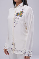 Corsage Embellished Full Sleeve Shirt Pristine Ivory Multi