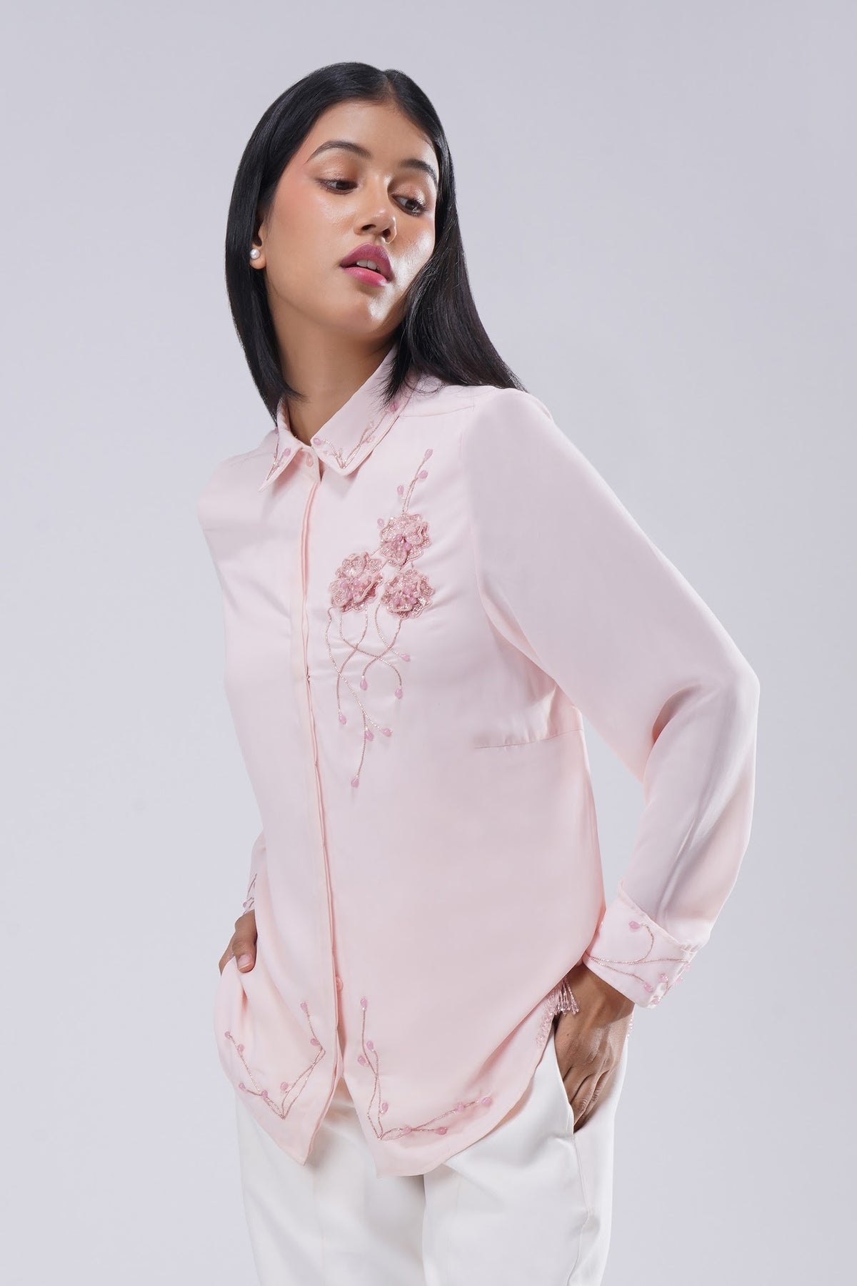Corsage Embellished Full Sleeve Shirt Rose Quartz Pink