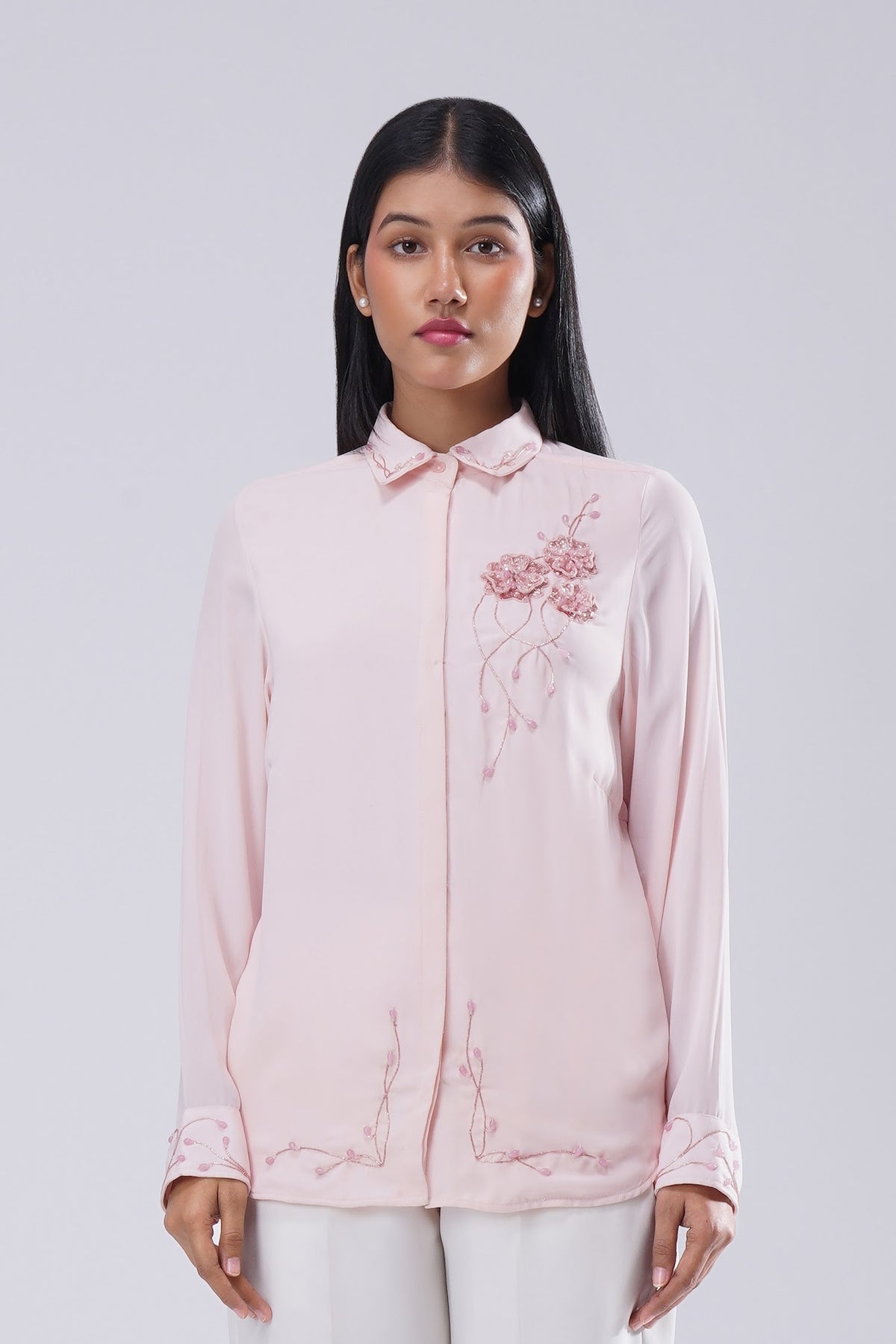 Corsage Embellished Full Sleeve Shirt Rose Quartz Pink