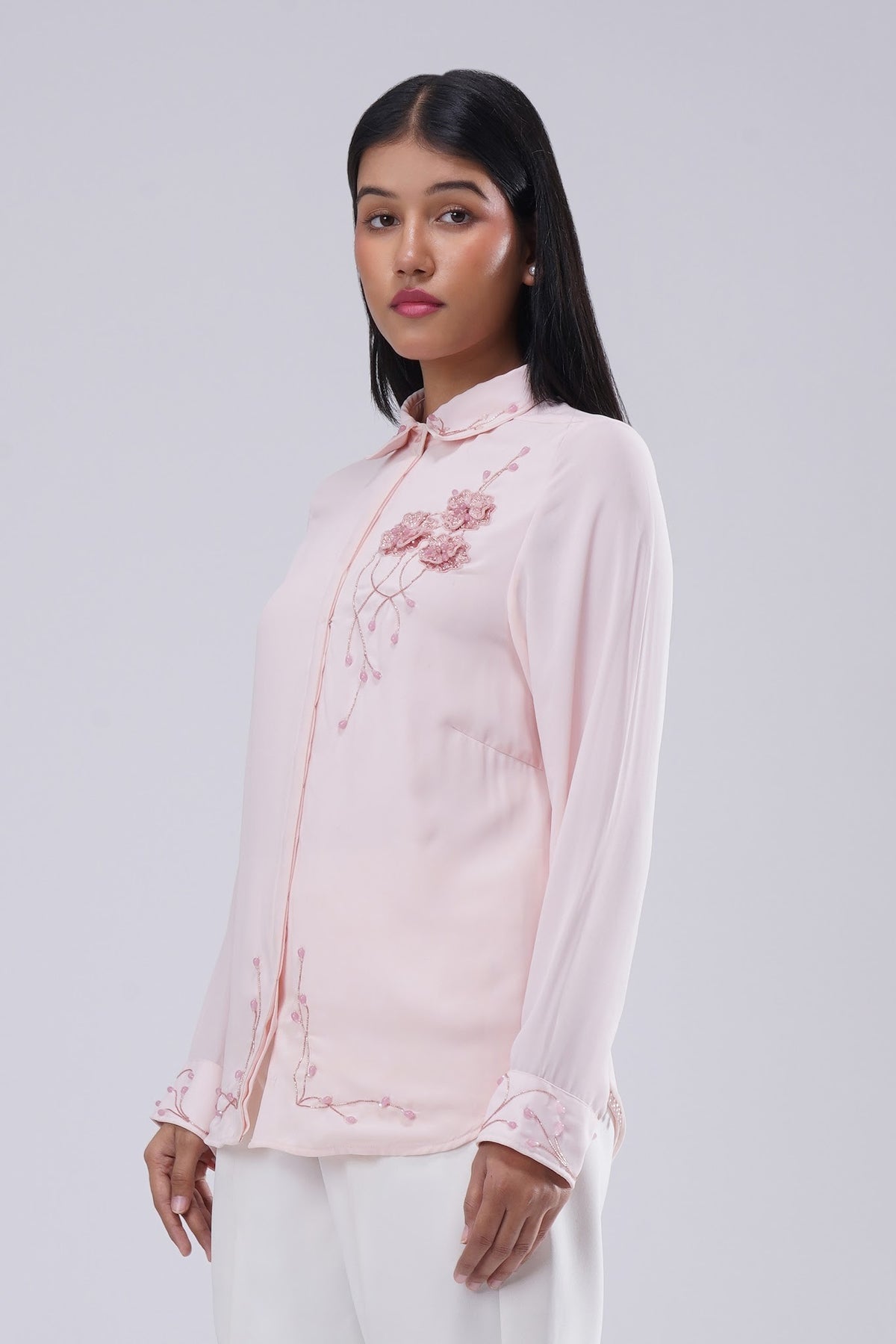 Corsage Embellished Full Sleeve Shirt Rose Quartz Pink