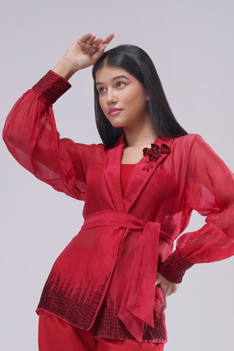 Fiona Organza Jacket Full Sleeve Carnelian Red
