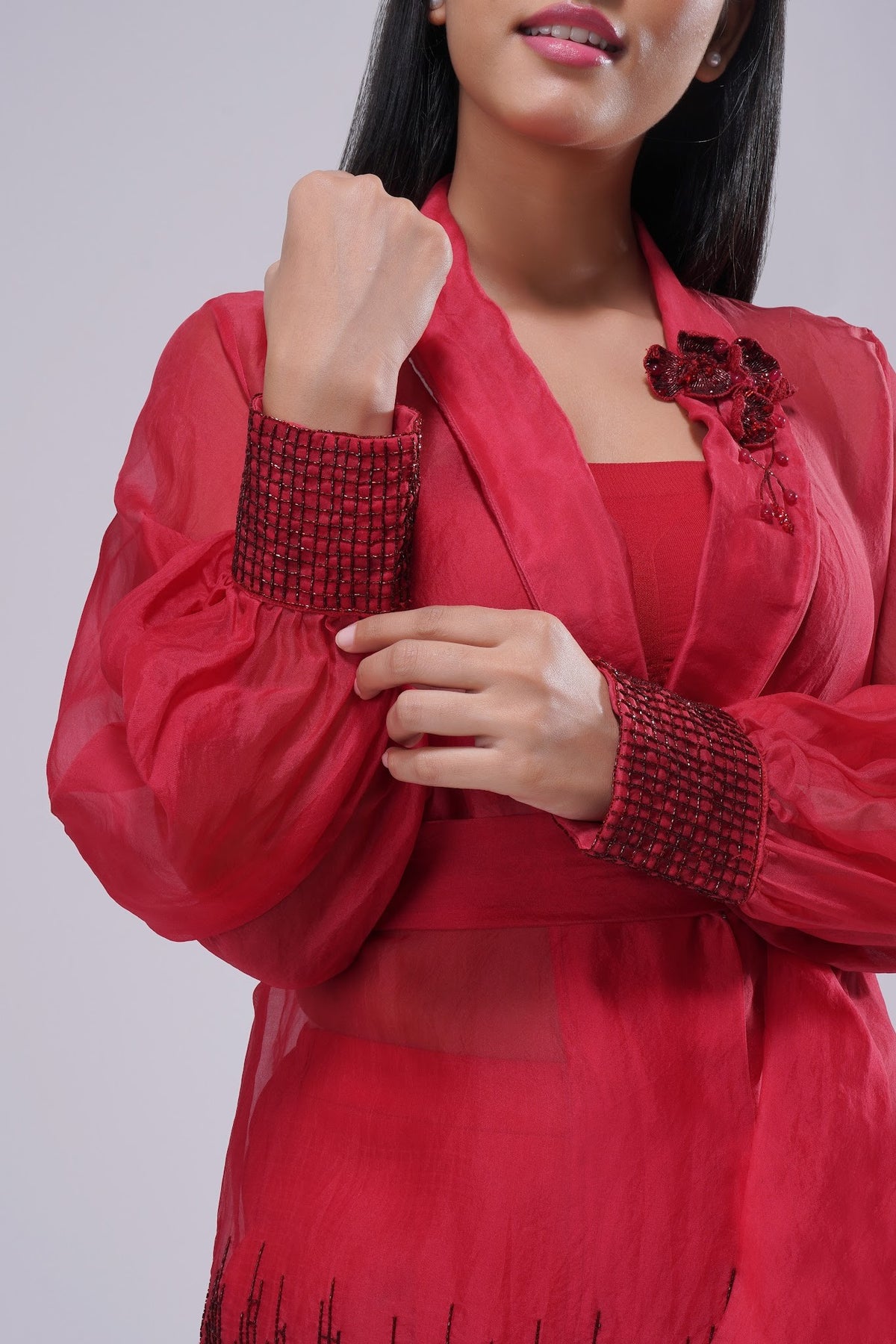 Fiona Organza Jacket Full Sleeve Carnelian Red