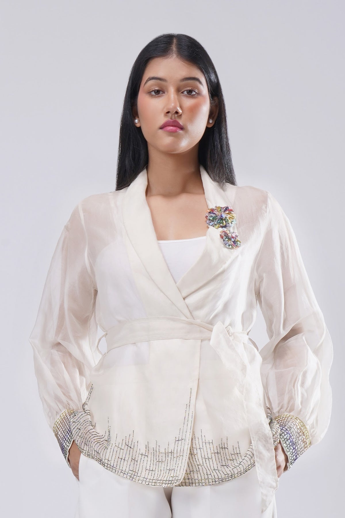 Fiona Organza Jacket Full Sleeve Pristine Ivory Multi