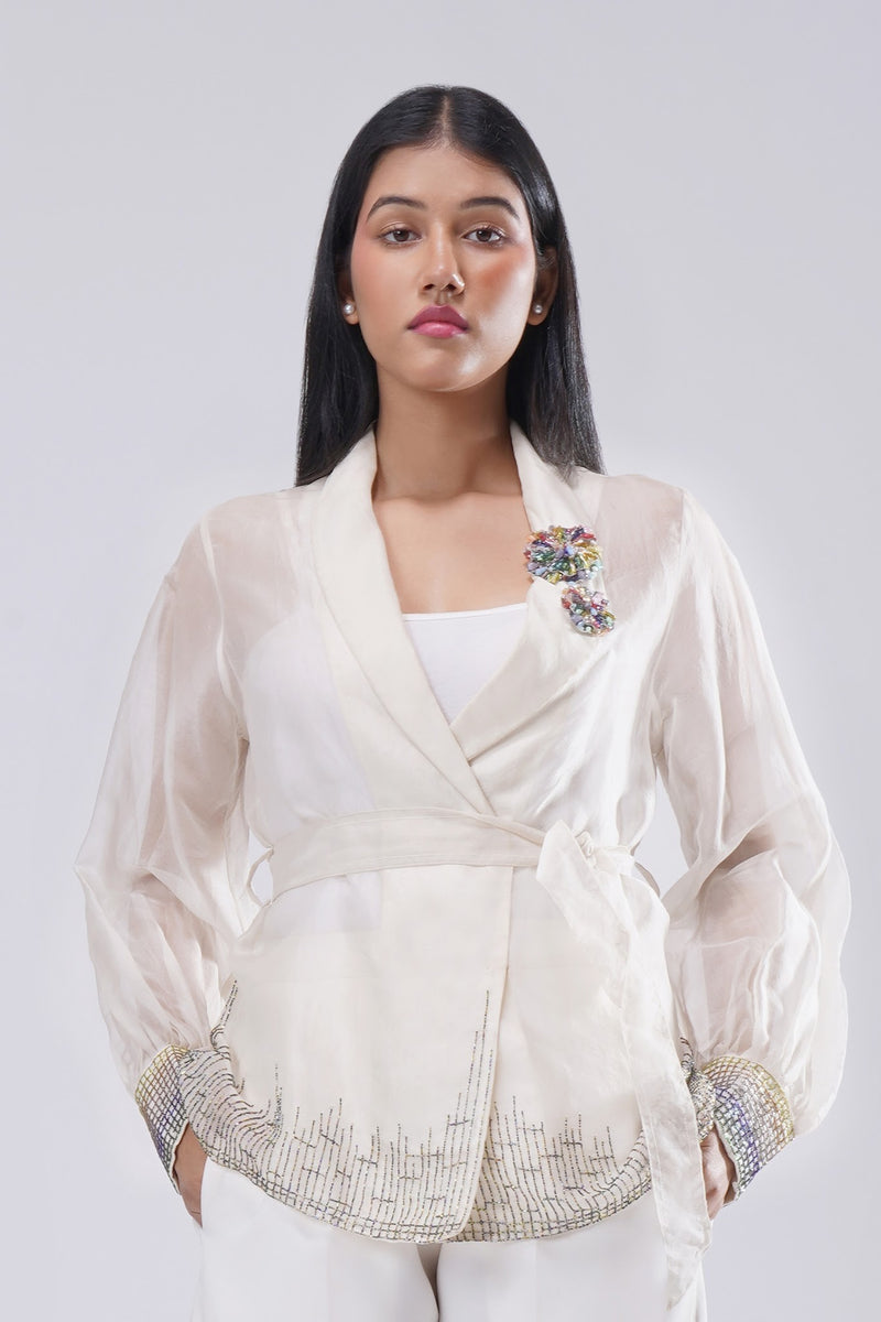 Fiona Organza Jacket Full Sleeve Pristine Ivory Multi