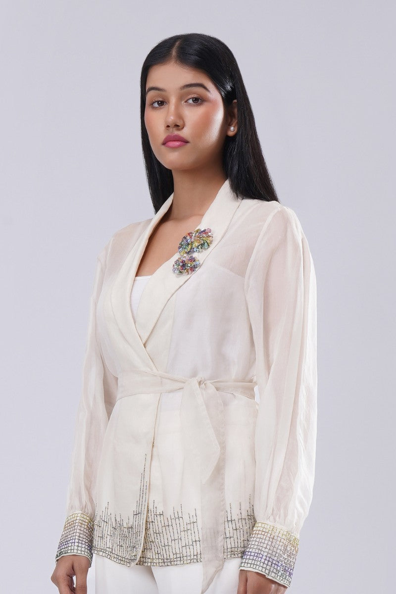 Fiona Organza Jacket Full Sleeve Pristine Ivory Multi