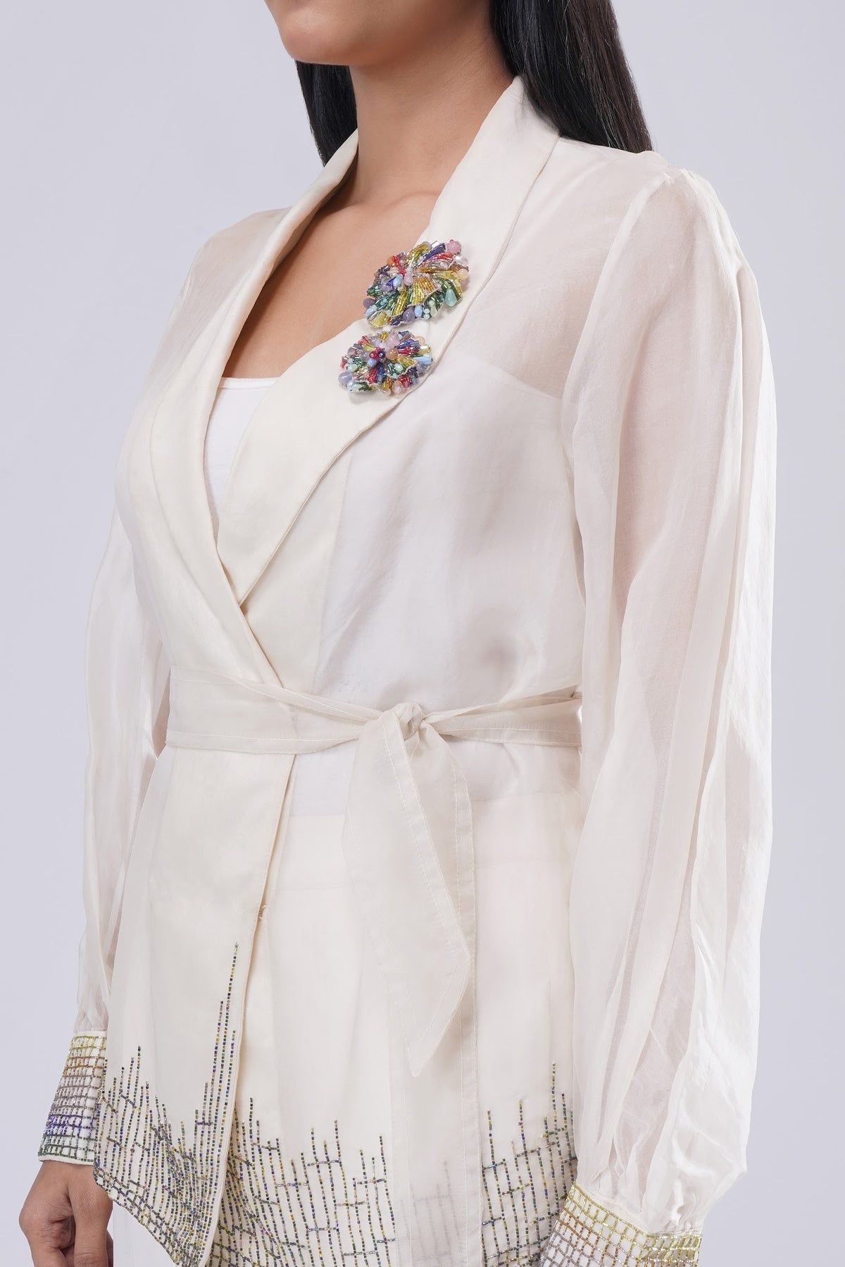 Fiona Organza Jacket Full Sleeve Pristine Ivory Multi